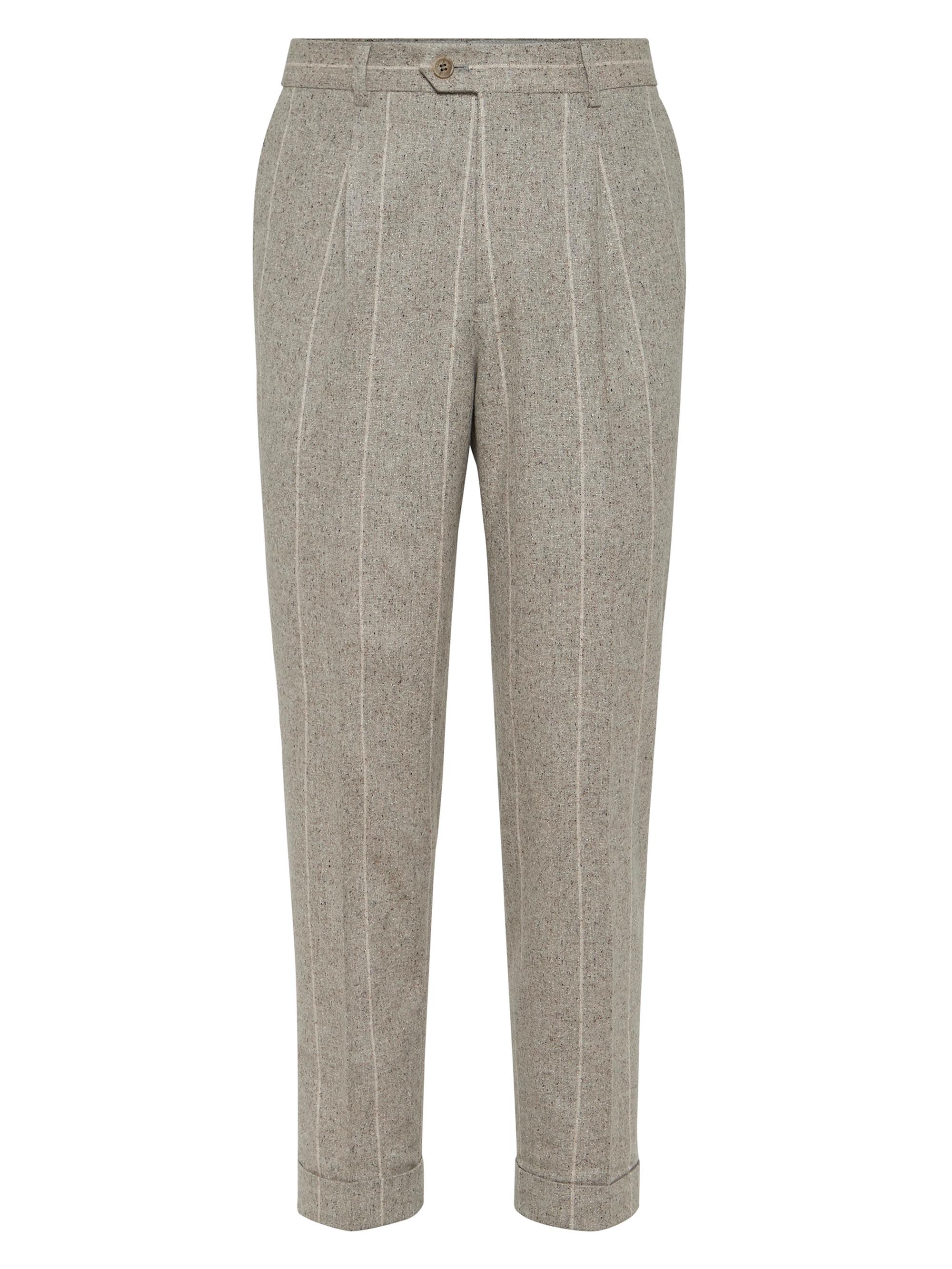 Brunello Cucinelli Men's Silk Blend Flecked Chalk Stripe Leisure Fit Trousers with Pleat - Salt