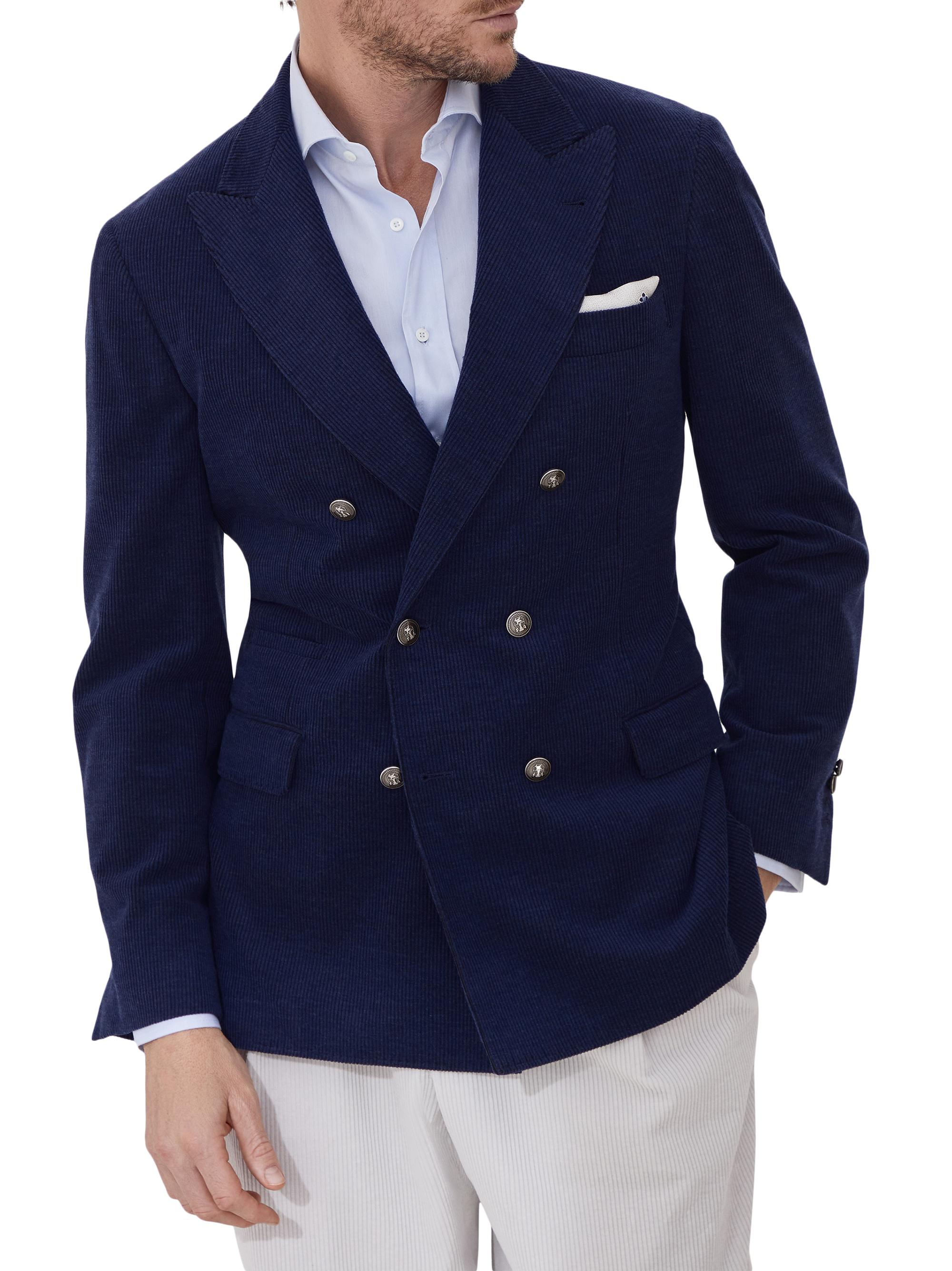 Brunello Cucinelli Men's Corduroy One and a Half Breasted Deconstructed Blazer - Sapphire