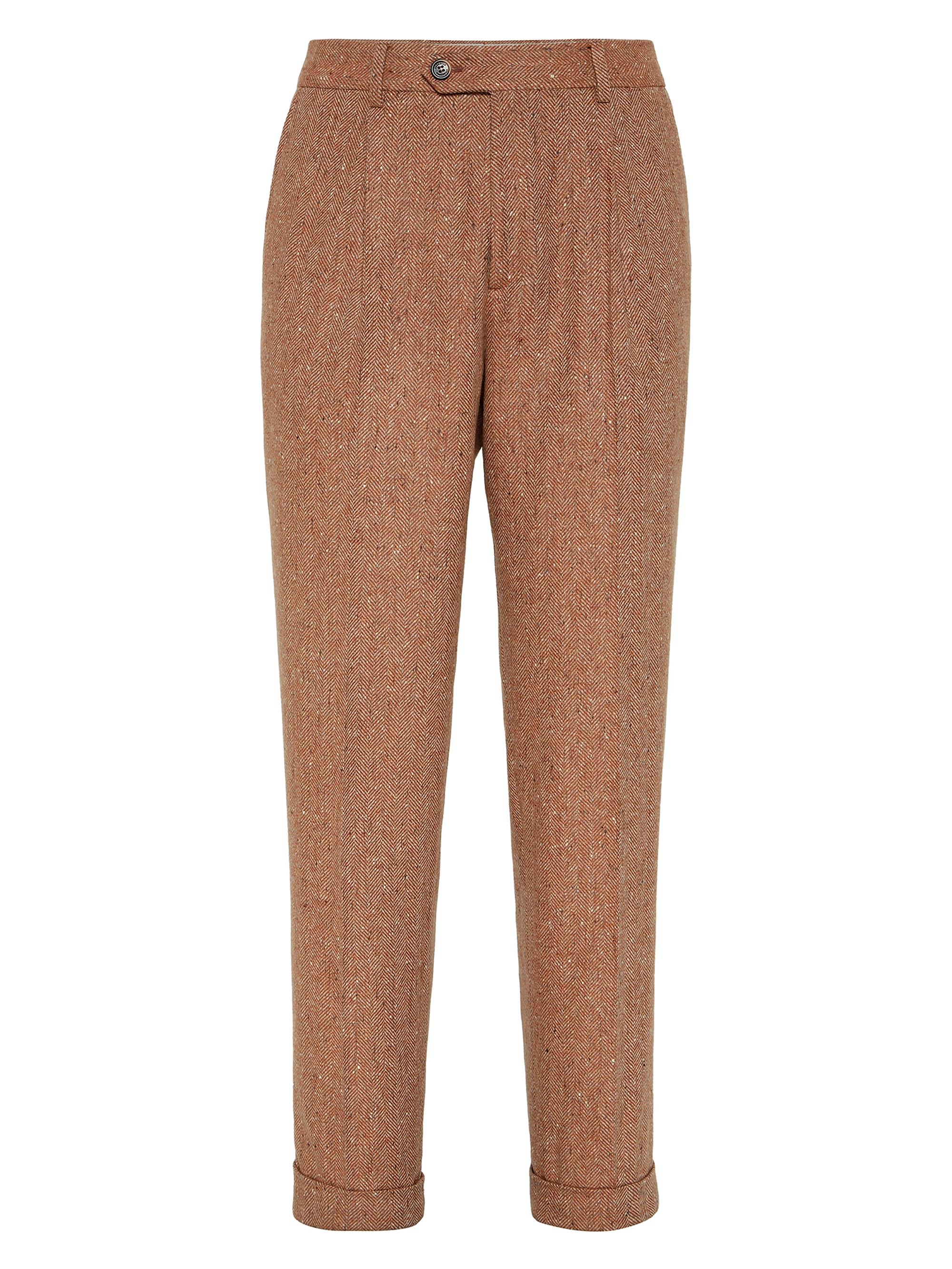 Brunello Cucinelli Men's Wool and Cashmere Flecked Chevron Leisure Fit Trousers with Pleat - Light Brown