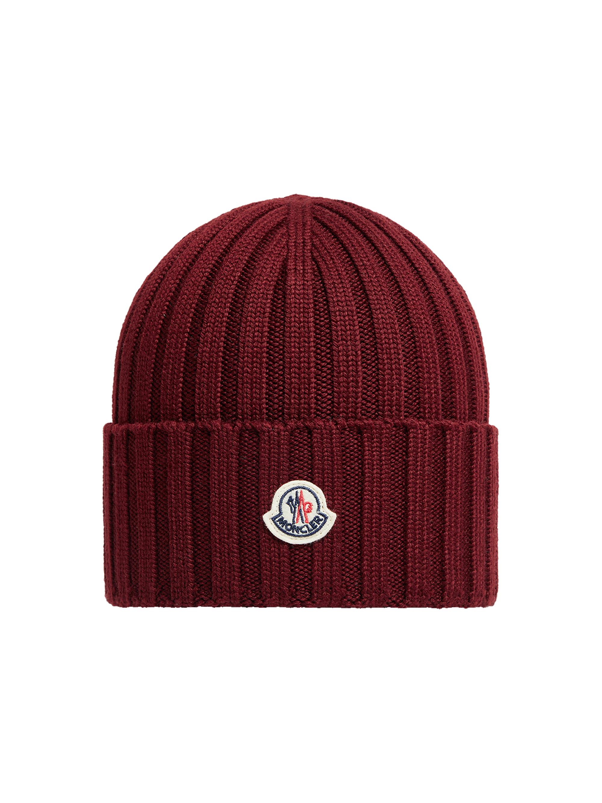 Moncler Women's Wool Ribbed Knit Logo Beanie - Burgundy