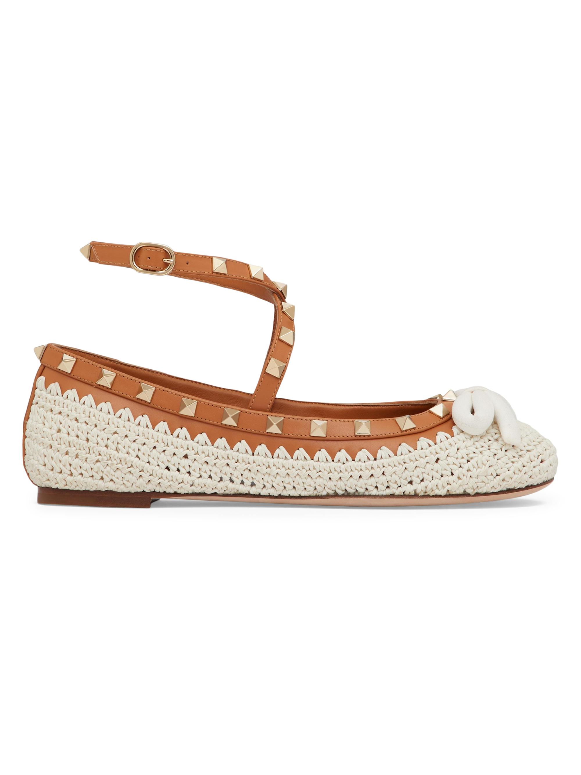Valentino Garavani Women's Rockstud Ballerinas with Crochet Embroidery - Natural Almond