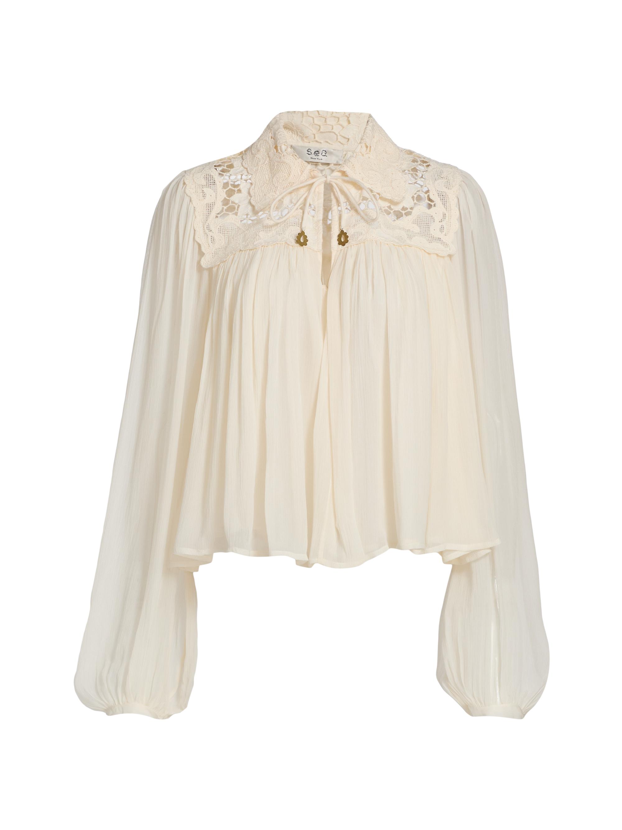 Sea Women's Daphne Lace Cotton Tieneck Blouse - Cream