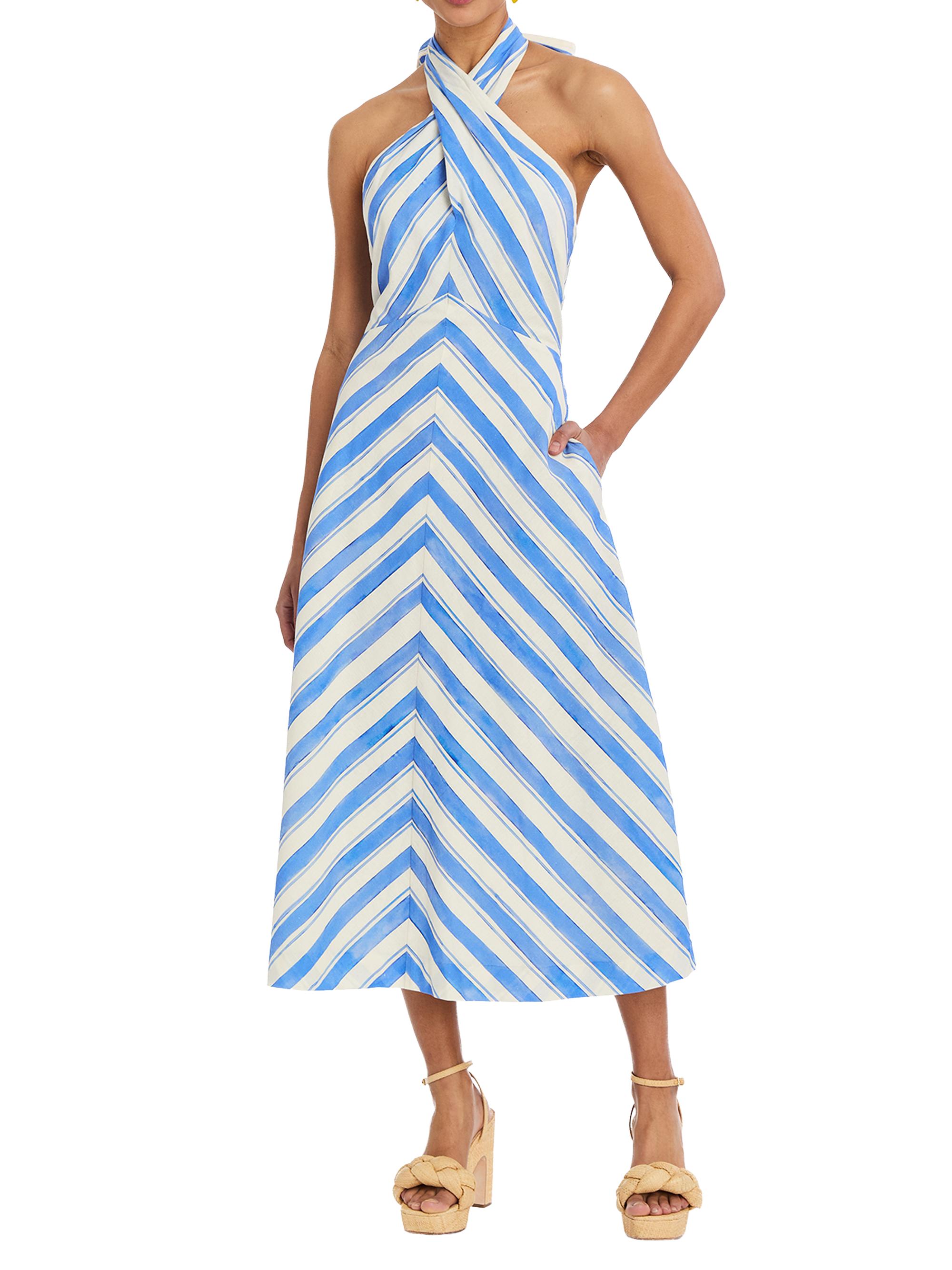 Mestiza New York Women's Copacabana Cross-Front Striped Halter Midi-Dress - Santorini Stripe