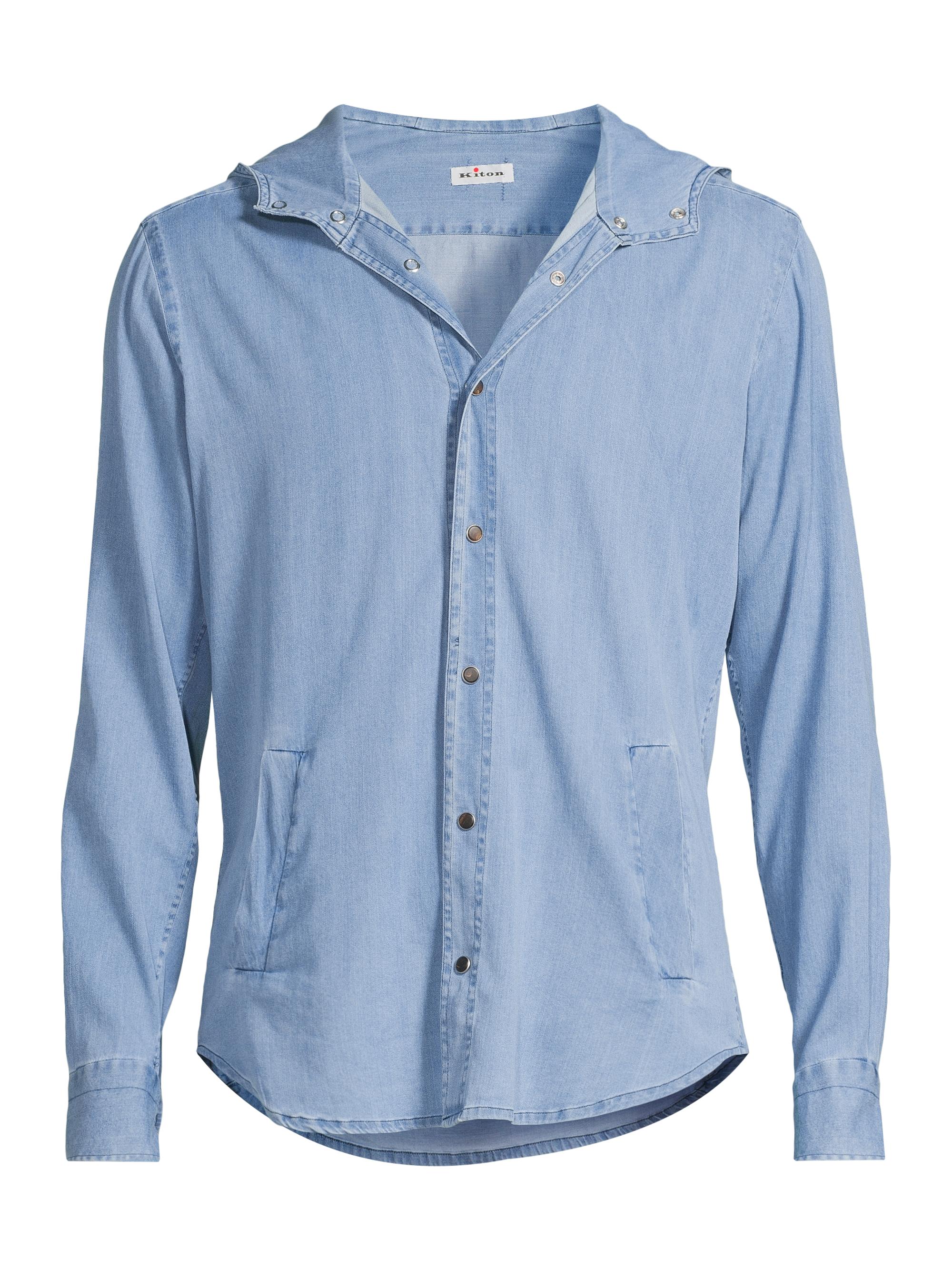 Kiton Men's Mariano Chambray Hooded Shirt - Light Blue