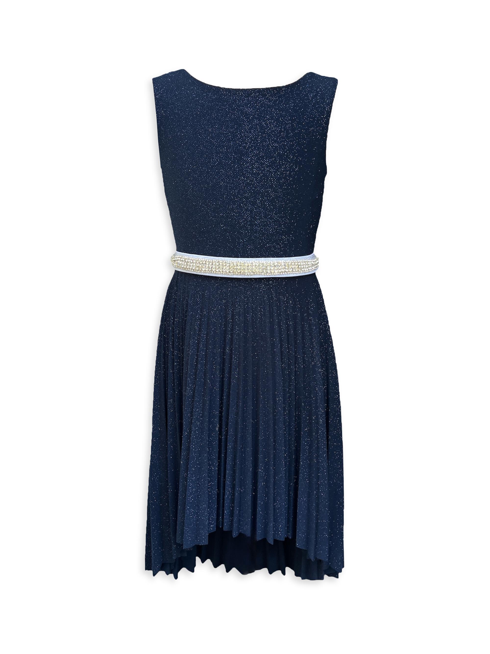 Un Deux Trois Girl's Glitter Pleated High-Low Dress - Navy