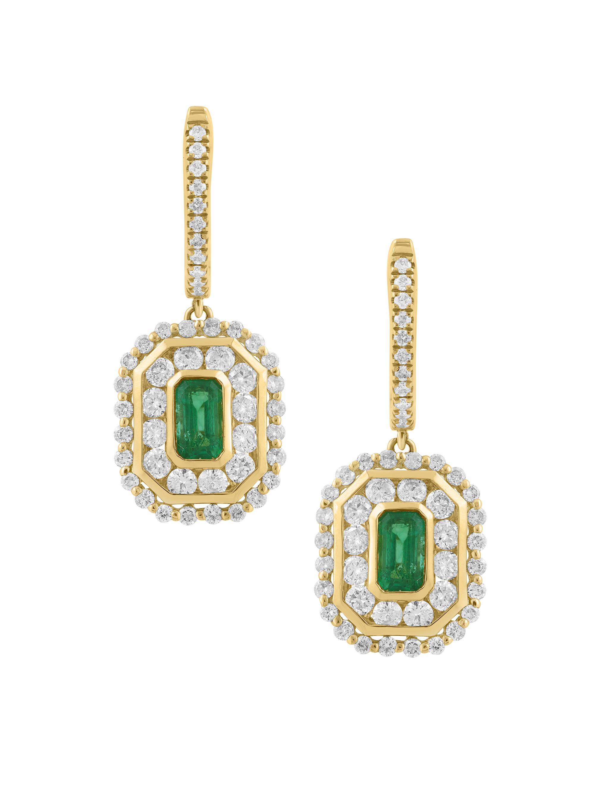 Saks Fifth Avenue Collection Women's 14K Yellow Gold, 1.05 TCW Diamond & Emerald Octagonal Drop Earrings - Yellow Gold
