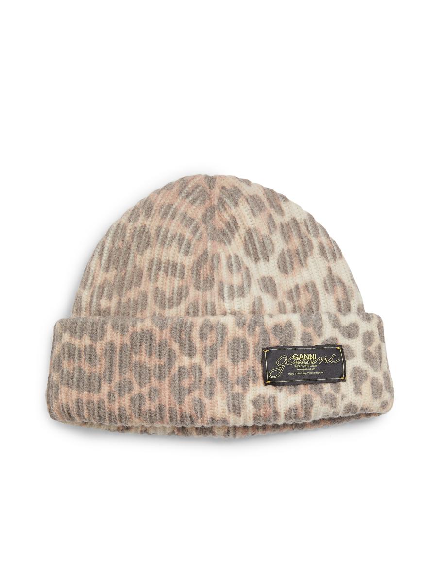 Ganni Women's Leopard Print Wool-blend Beanie In Brown
