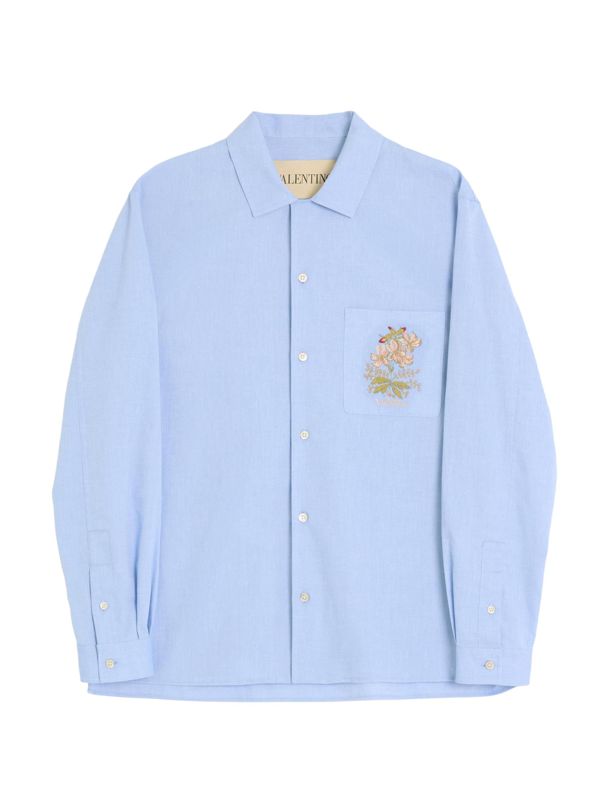 Valentino Garavani Men's Oxford Cotton Shirt with Floral Embroidery - Azure