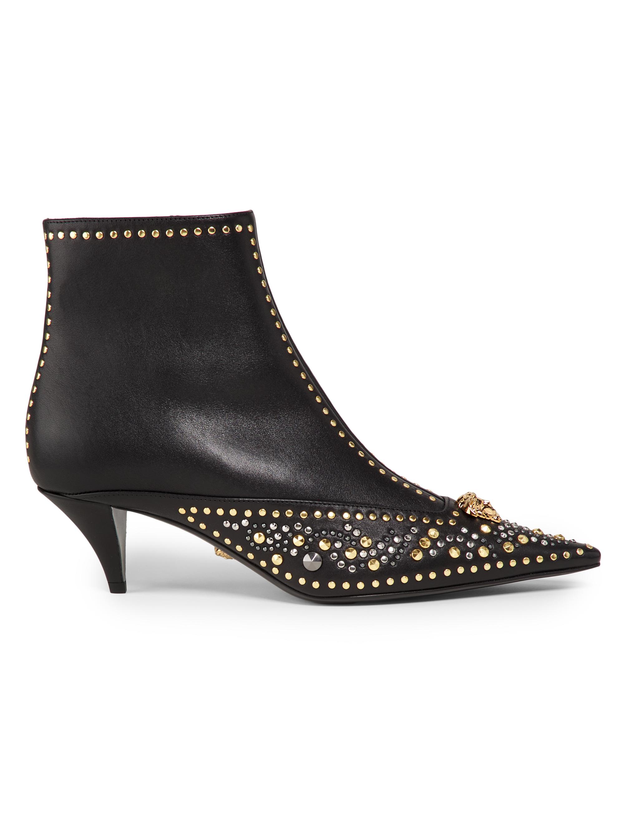 Versace Women's Studded Leather Booties - Black  Gold Palladium