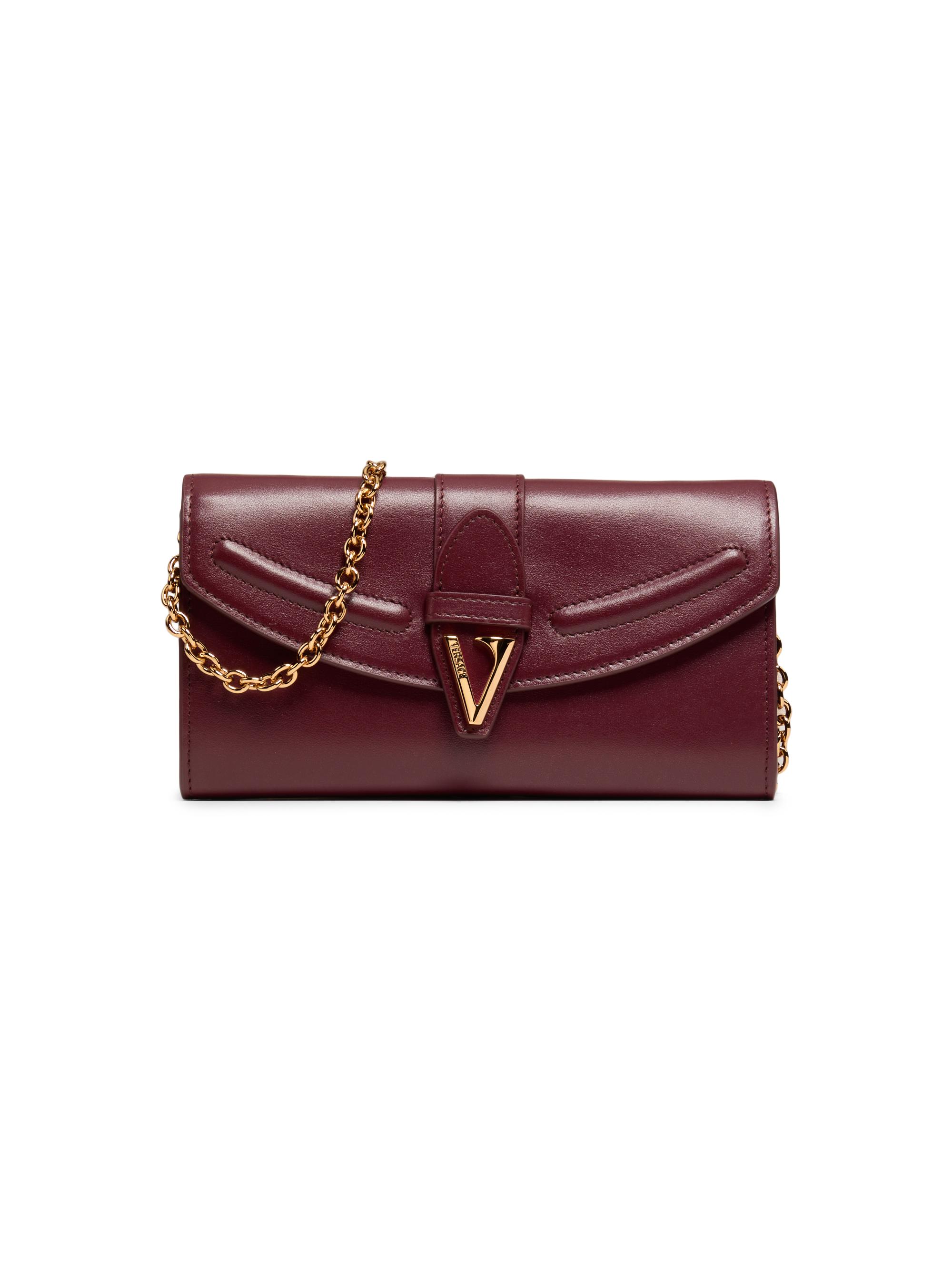 Versace Women's V-Logo Leather Wallet-On-Chain Bag - Burgundy  Gold