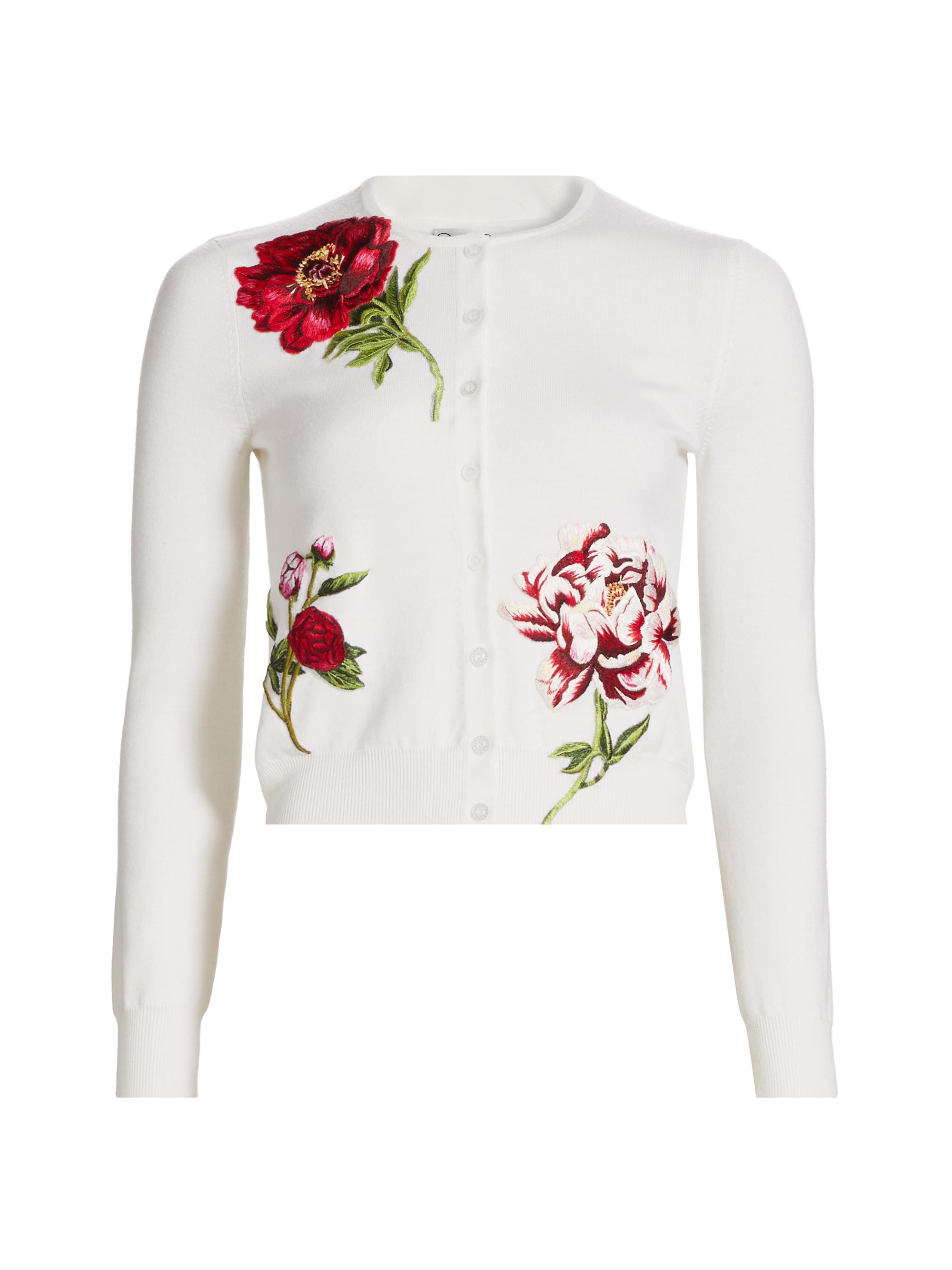 Oscar de la Renta Women's Peony Embroidered Wool Cardigan -