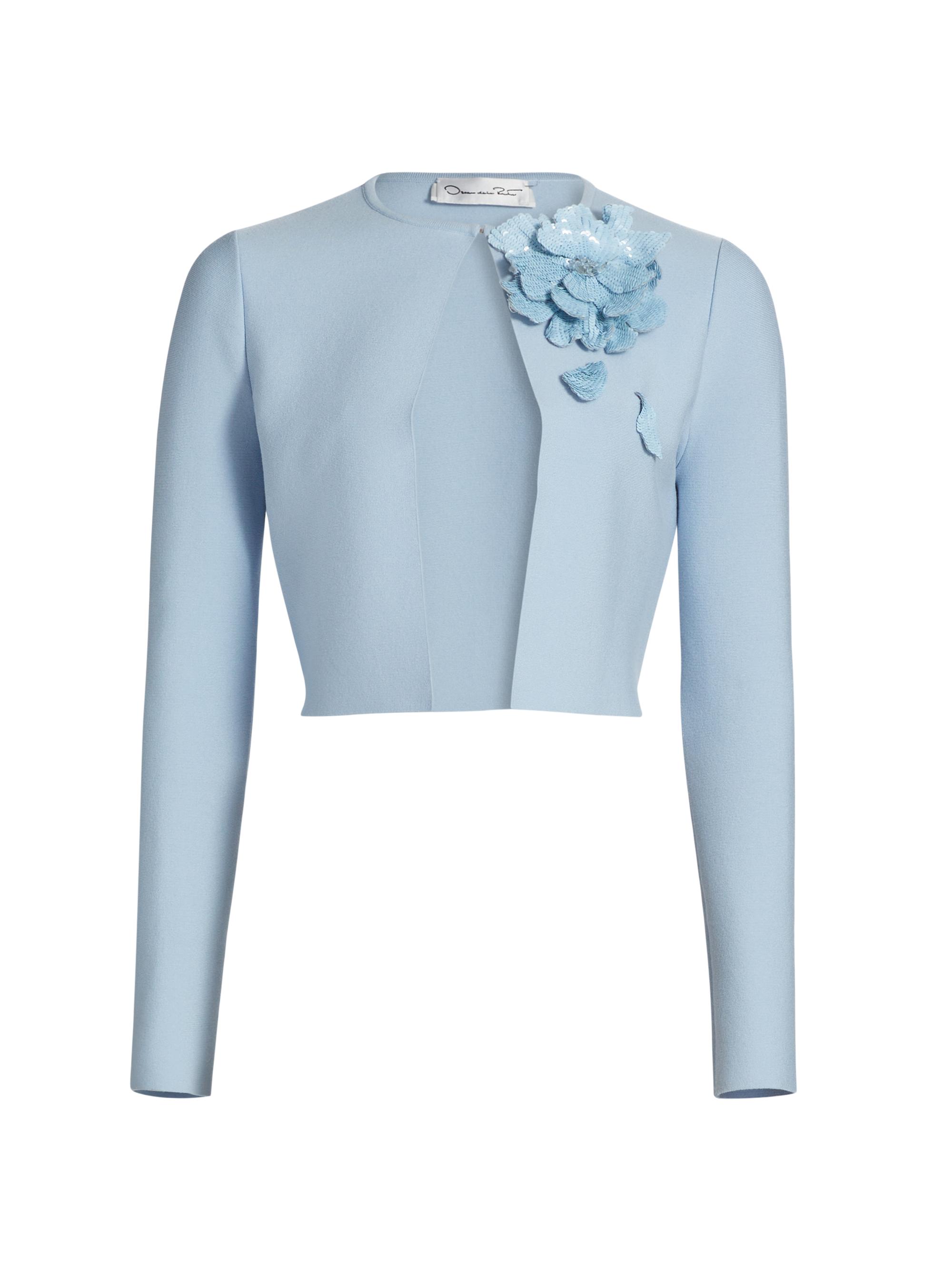 Oscar de la Renta Women's Peony Appliqué Fitted Cardigan - Light Blue