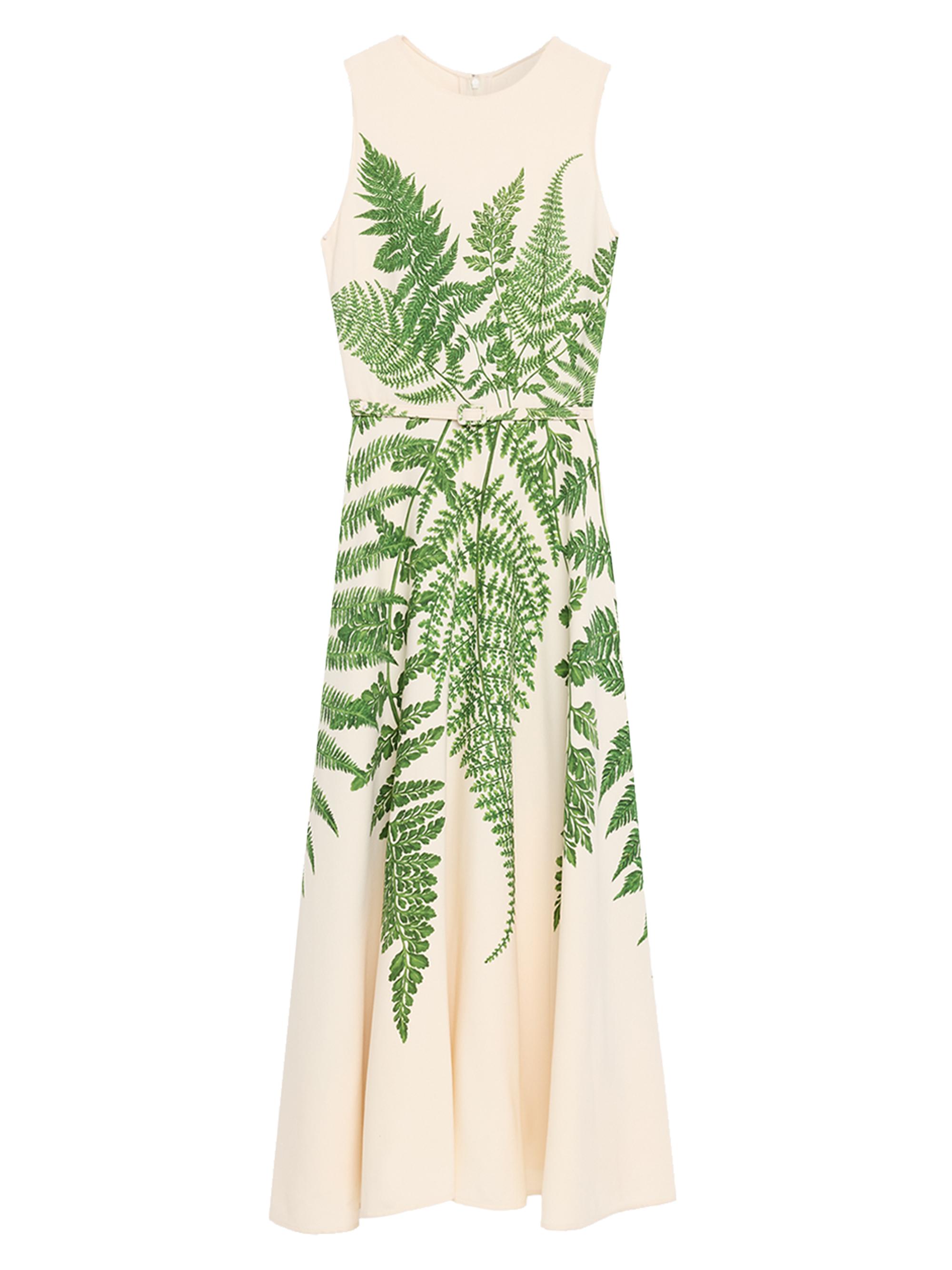 Oscar de la Renta Women's Fern-Print Double-Face Wool Sleeveless Belted Midi-Dress - Green  Flannel