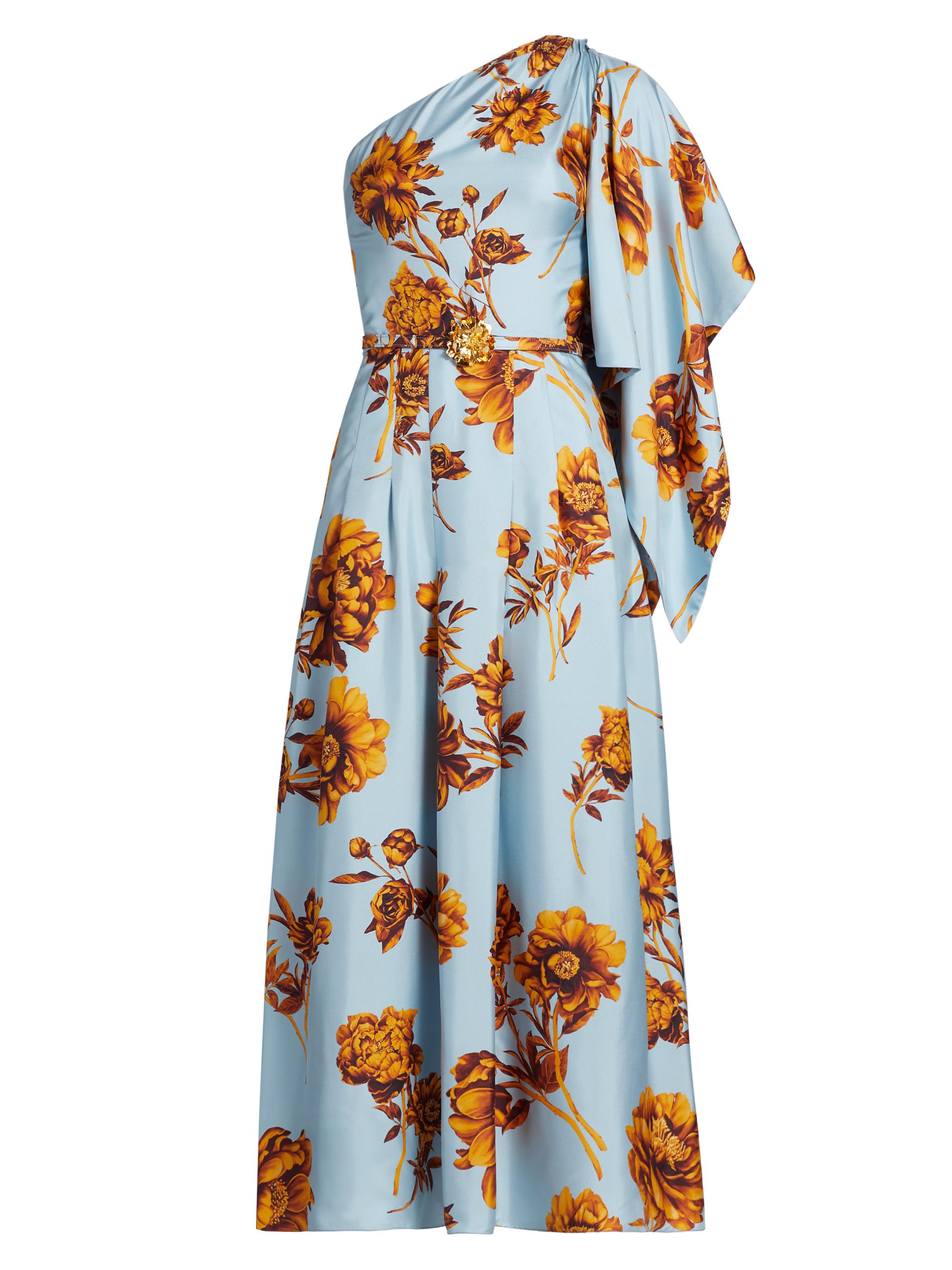 Oscar de la Renta Women's Peony Print Draped One-Shoulder Gown - Brown Ice Blue