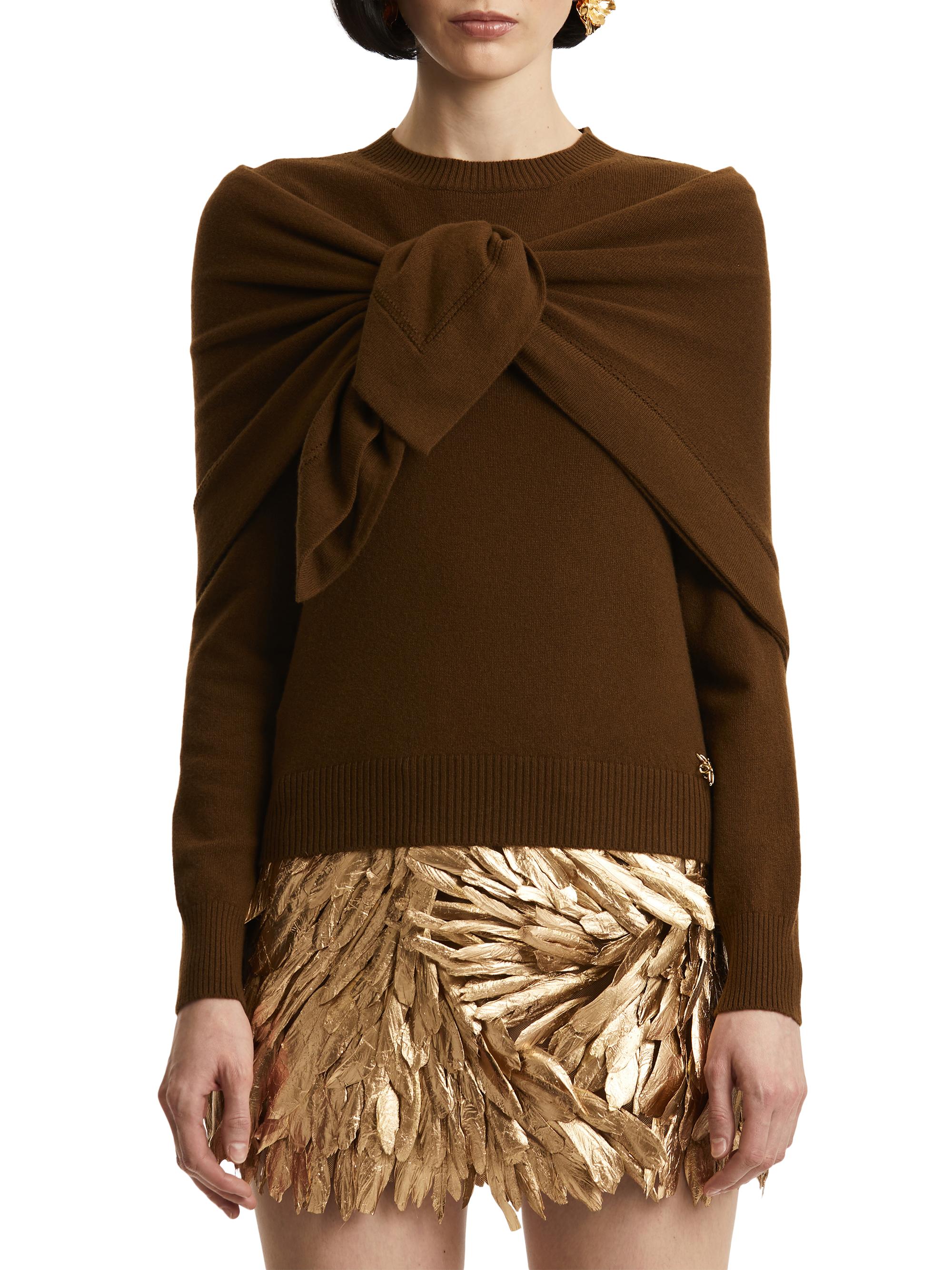 Oscar de la Renta Women's Self-Knit Scarf Detail Cashmere Sweater - Brown