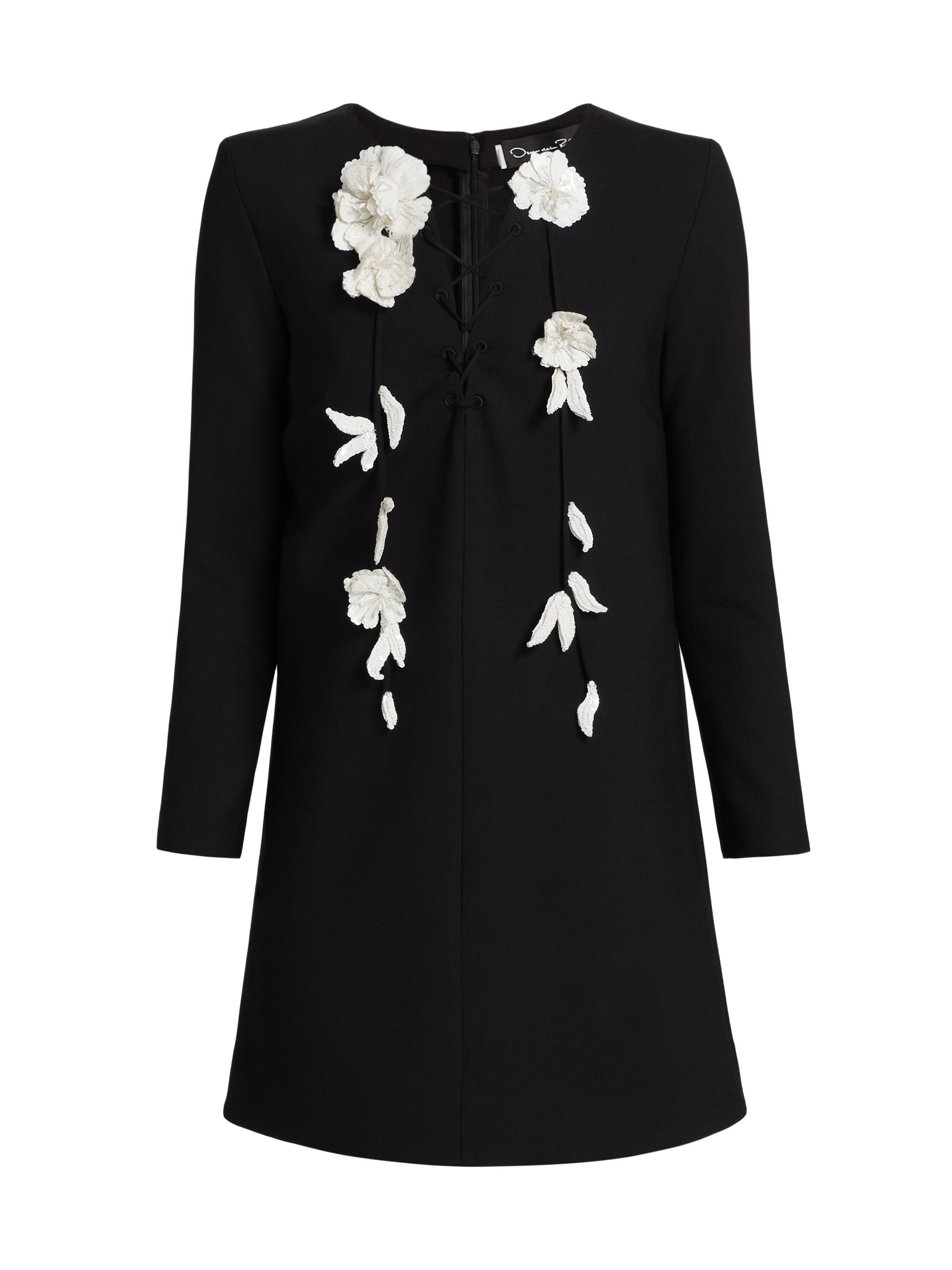 Oscar de la Renta Women's Floral-Embroidered Lace-Up Day Minidress - Black