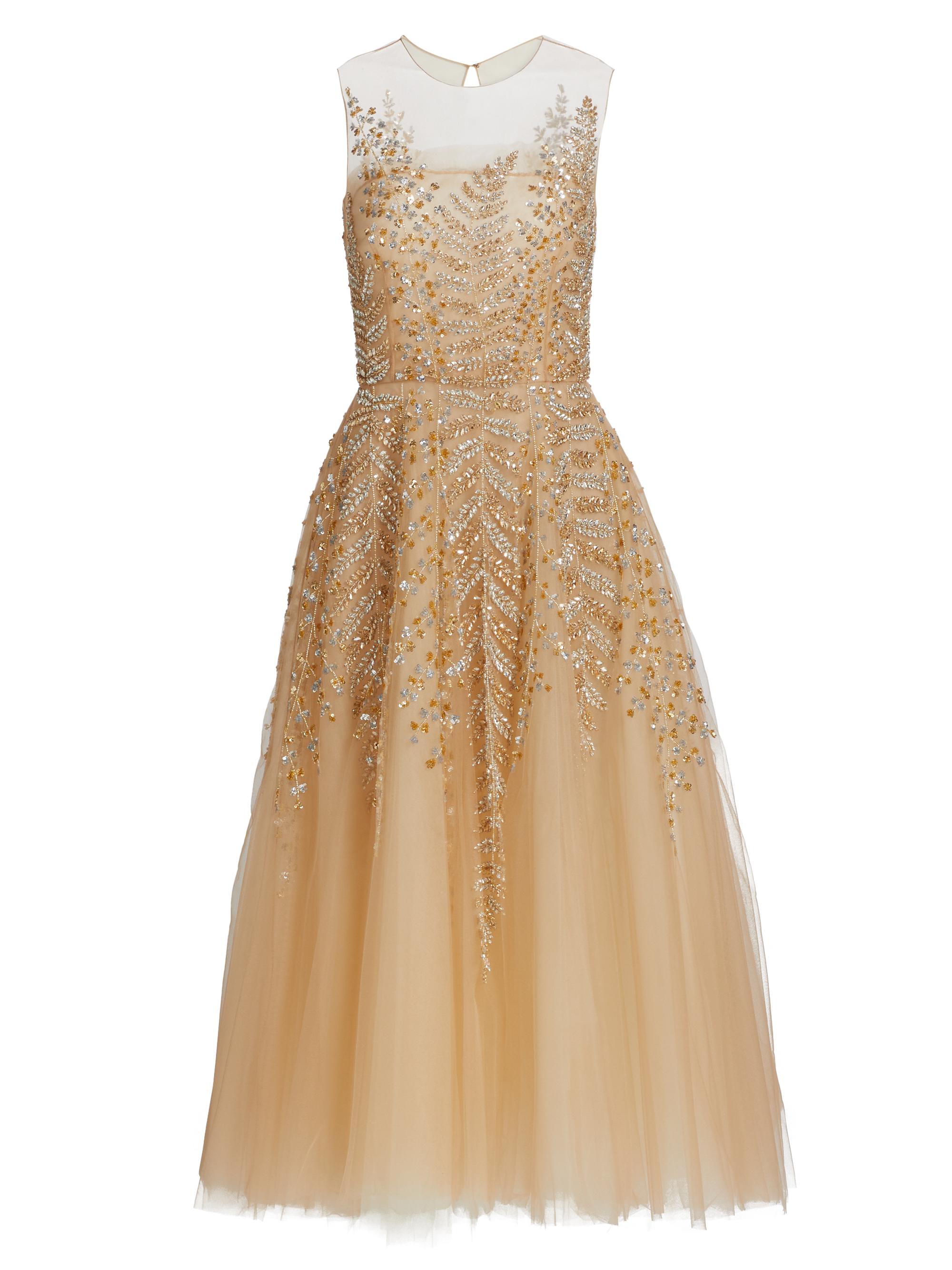 Oscar de la Renta Women's Illusion Fern Embroidered Cocktail Dress - Natural Gold