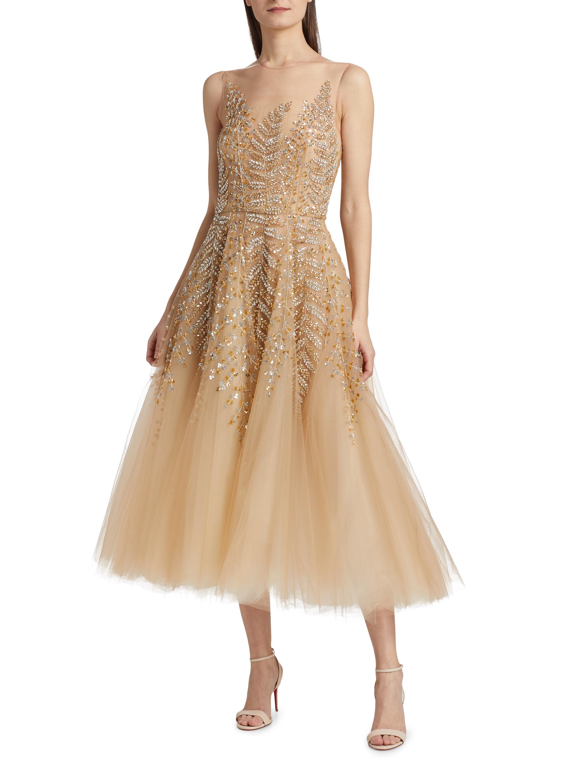 Oscar de La Renta Fern Embroidered Illusion Cocktail Dress - Red