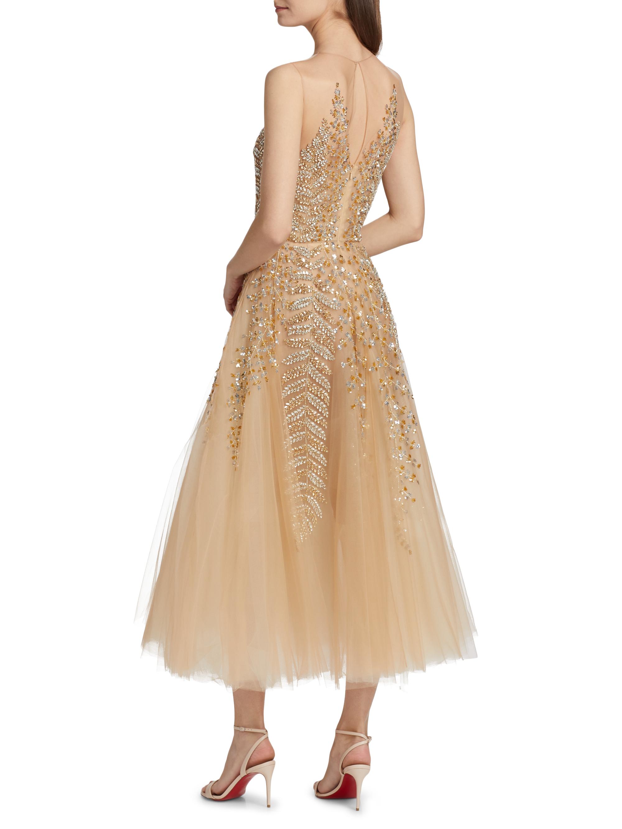 Oscar de La Renta | Fern Embroidered Illusion Cocktail Dress
