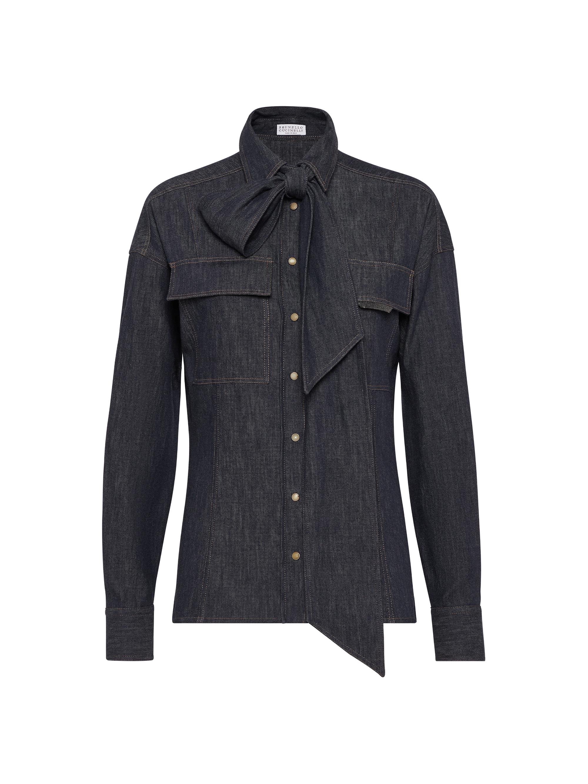 Brunello Cucinelli Women's Lightweight No Fade Denim Pussybow Shirt - Dark Denim