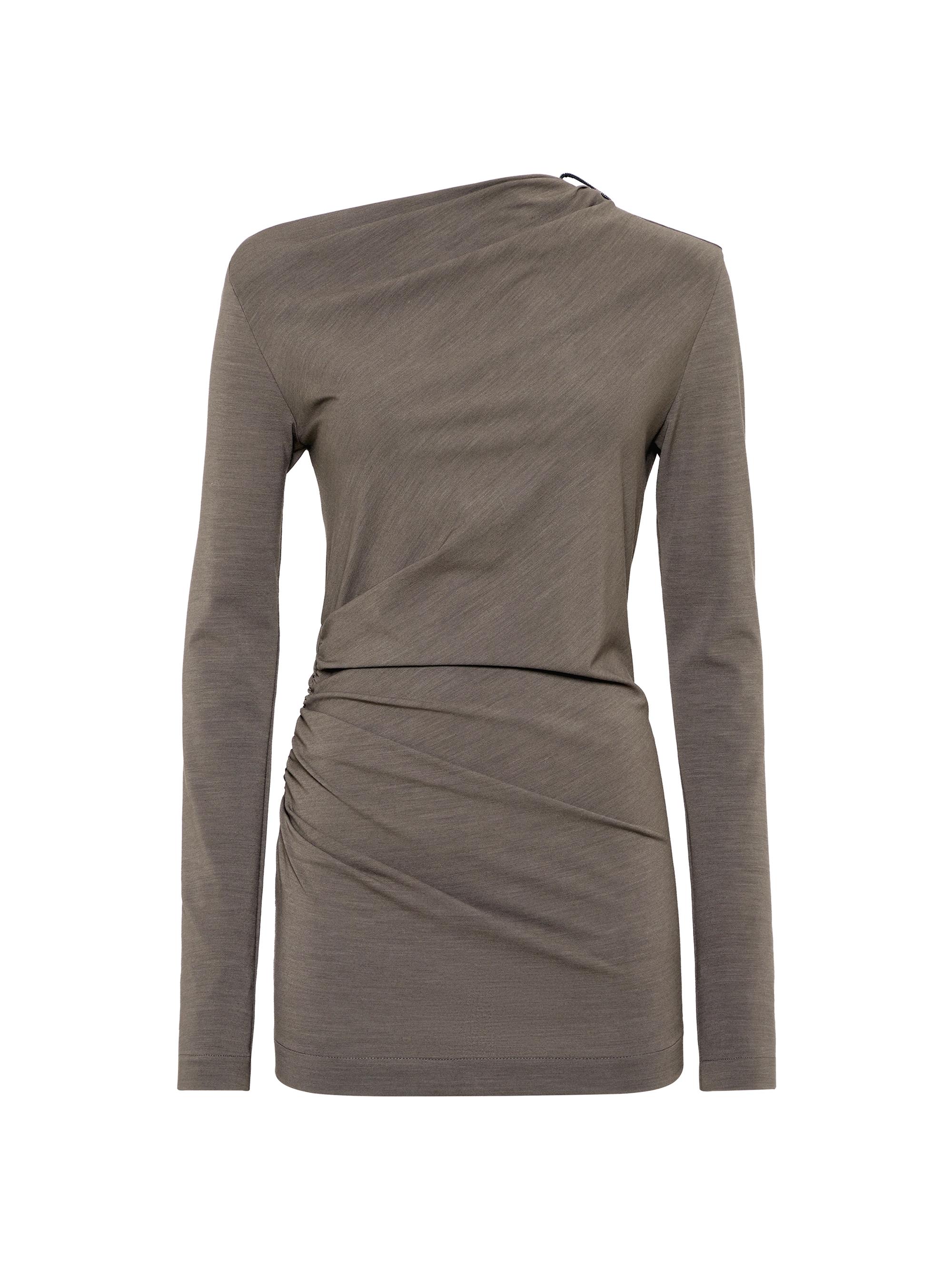 Brunello Cucinelli Women's Techno Wool Jersey Long Sleeve Ruched T-Shirt with Shiny Detail - Mud