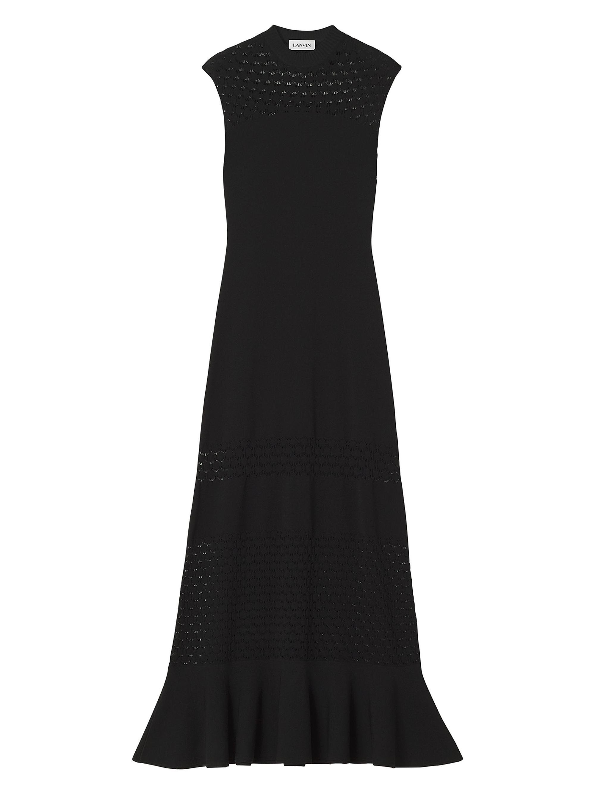 Lanvin Women's Open Lace Panel Flounce-Hem Midi-Dress - Black