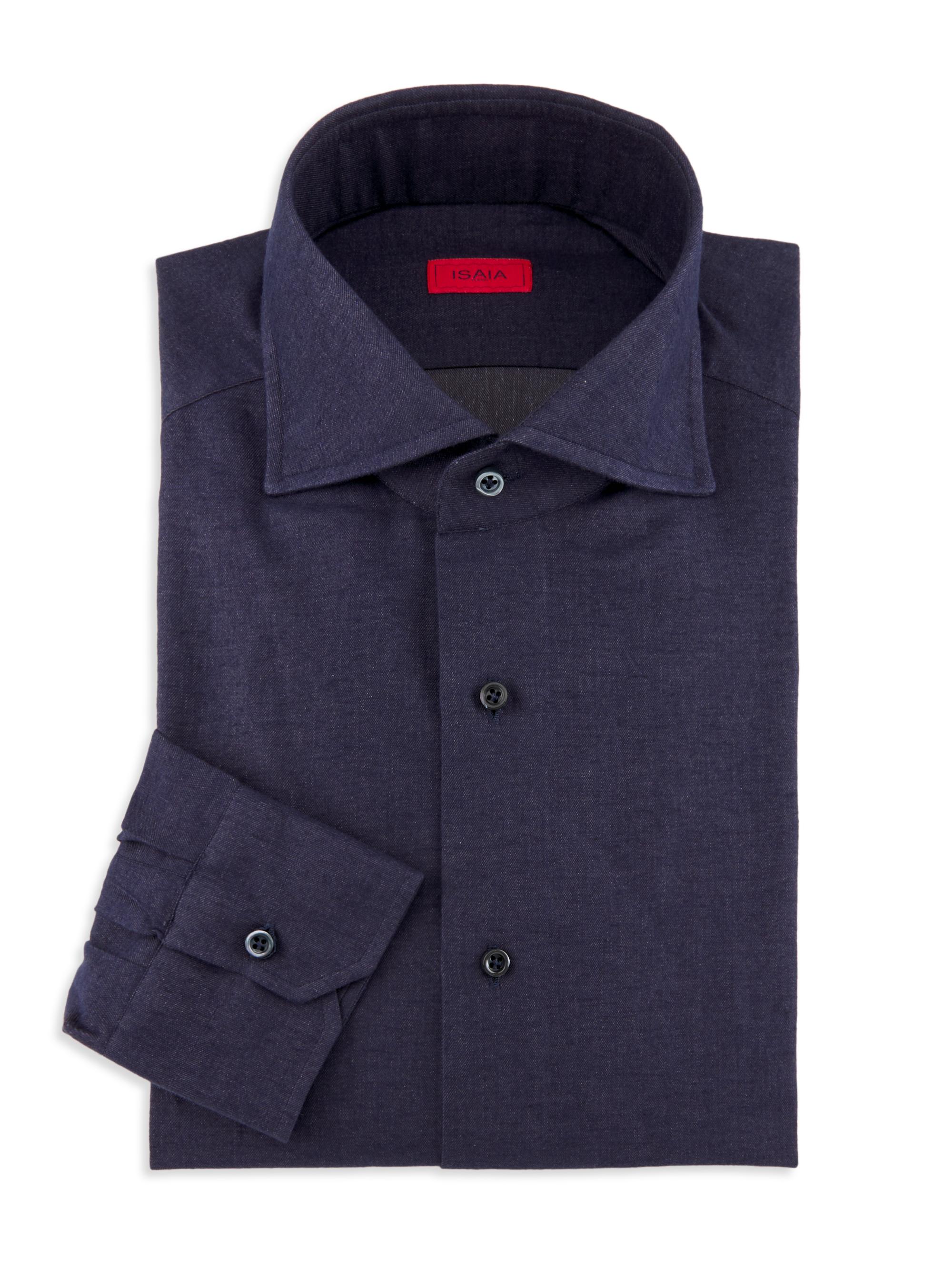 Isaia Men's Cotton-Cashmere Brushed Button-Front Shirt - Navy