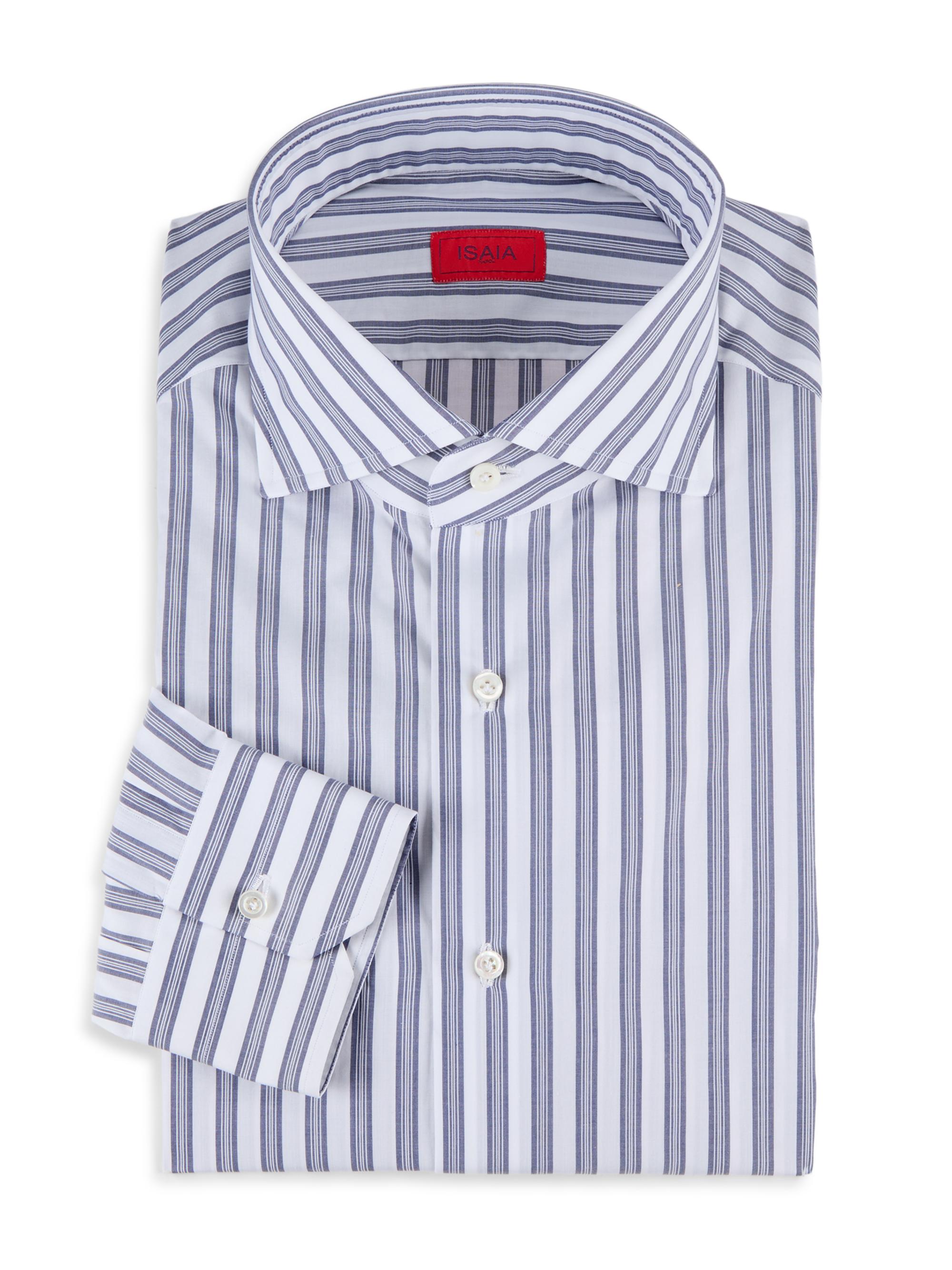 Isaia Men's Classic Striped Italian Button-Front Shirt - White Blue