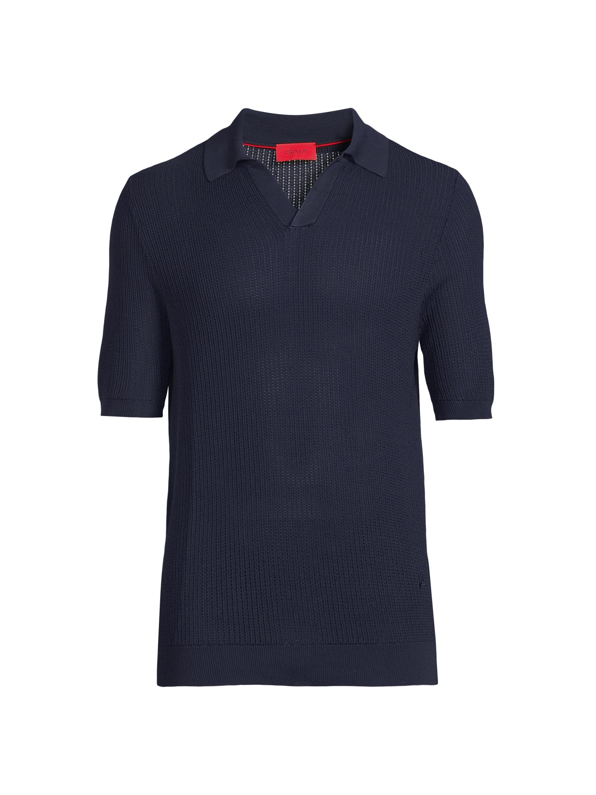 Isaia Men's Open Weave Johnny Collar Short-Sleeve Shirt - Dark Blue