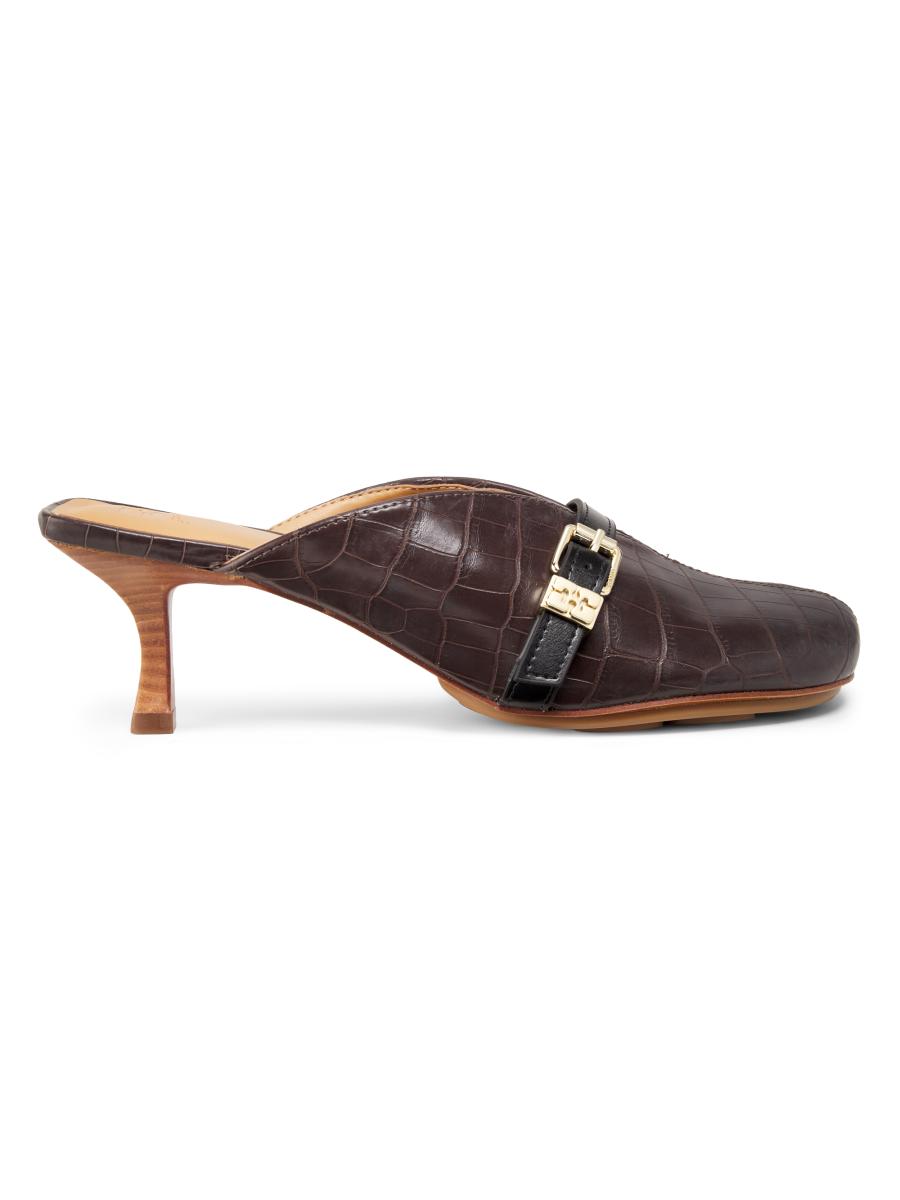 Ganni Women's Sue Crocodile-embossed Leather Mules In Brown