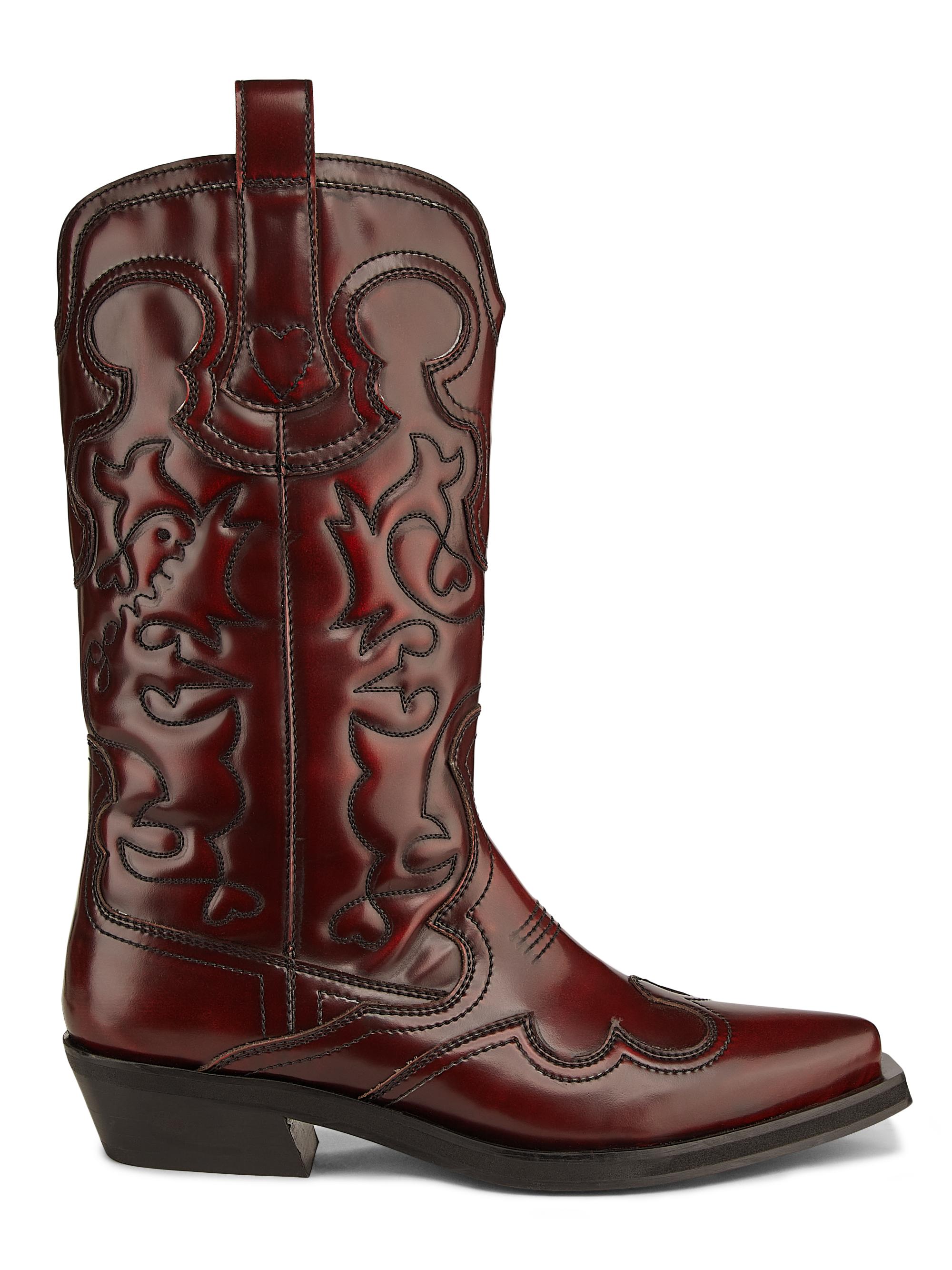 Ganni Women's Embroidered Knee-High Western Boots - Black Dark Burgundy