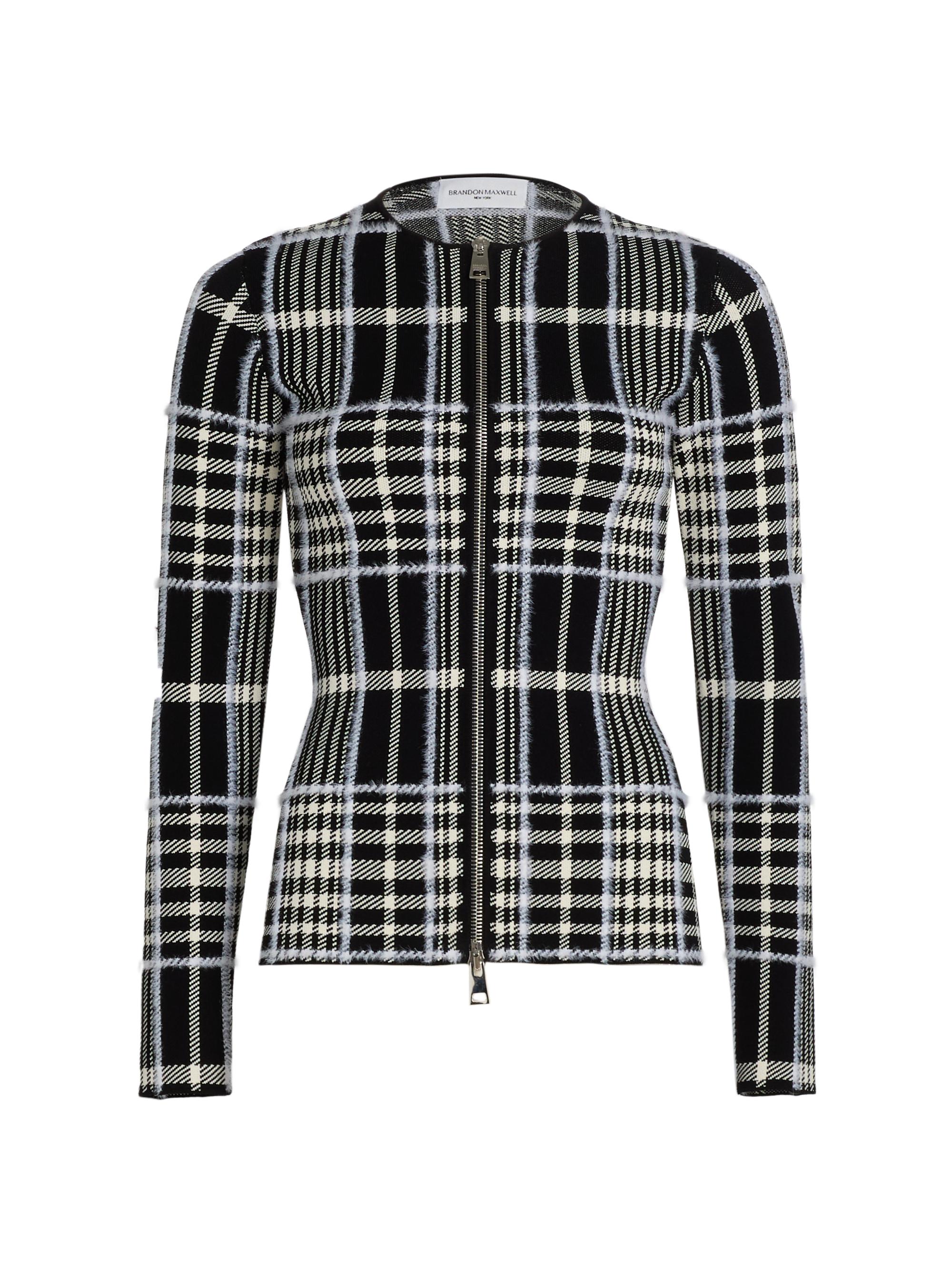 Brandon Maxwell Women's Greer Plaid Jacquard-Knit Zip-Front Cardigan - Black Plaid