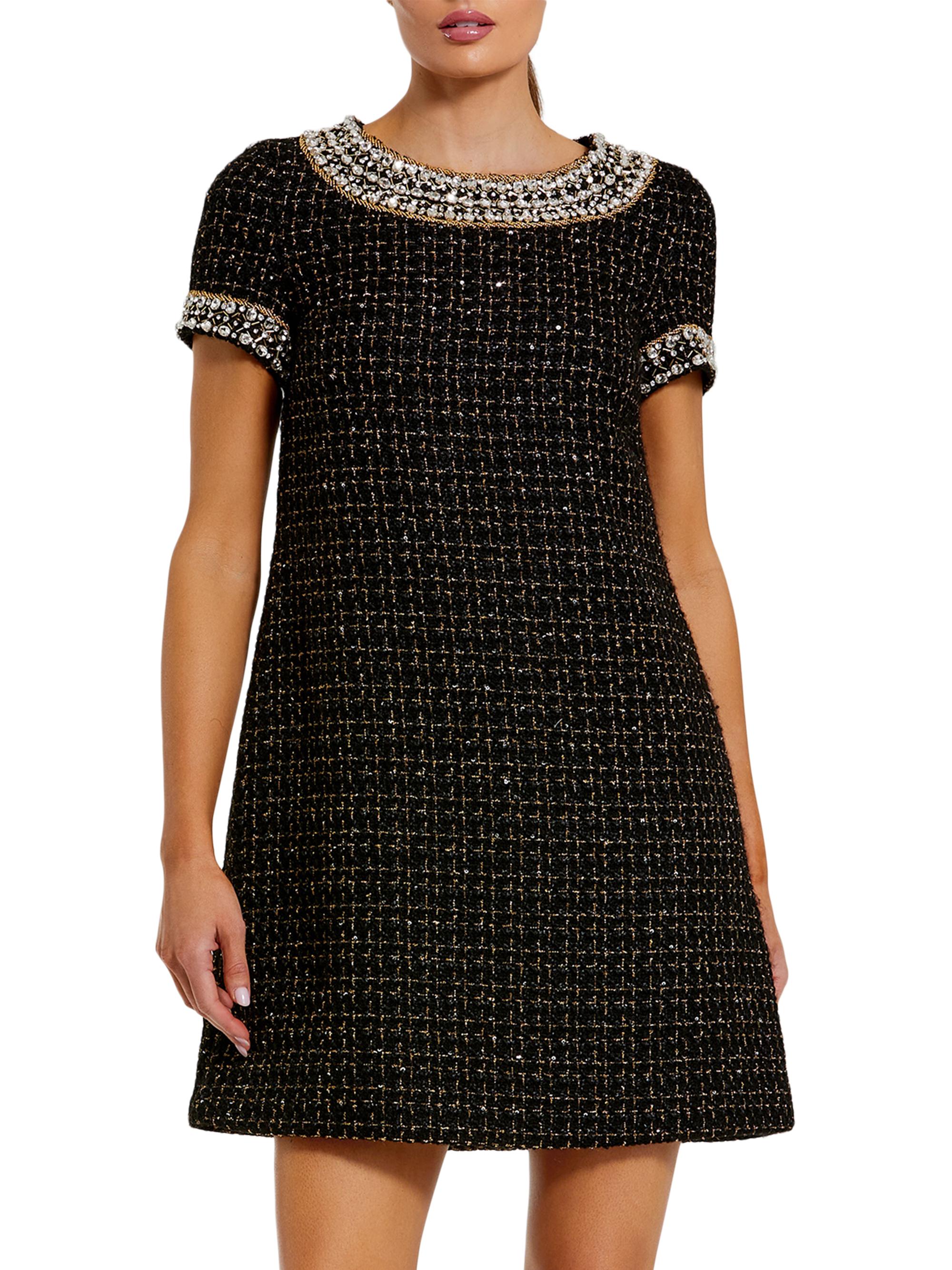 Mac Duggal Women's Short Sleeve Bouclé Minidress With Beading Detail - Black Gold