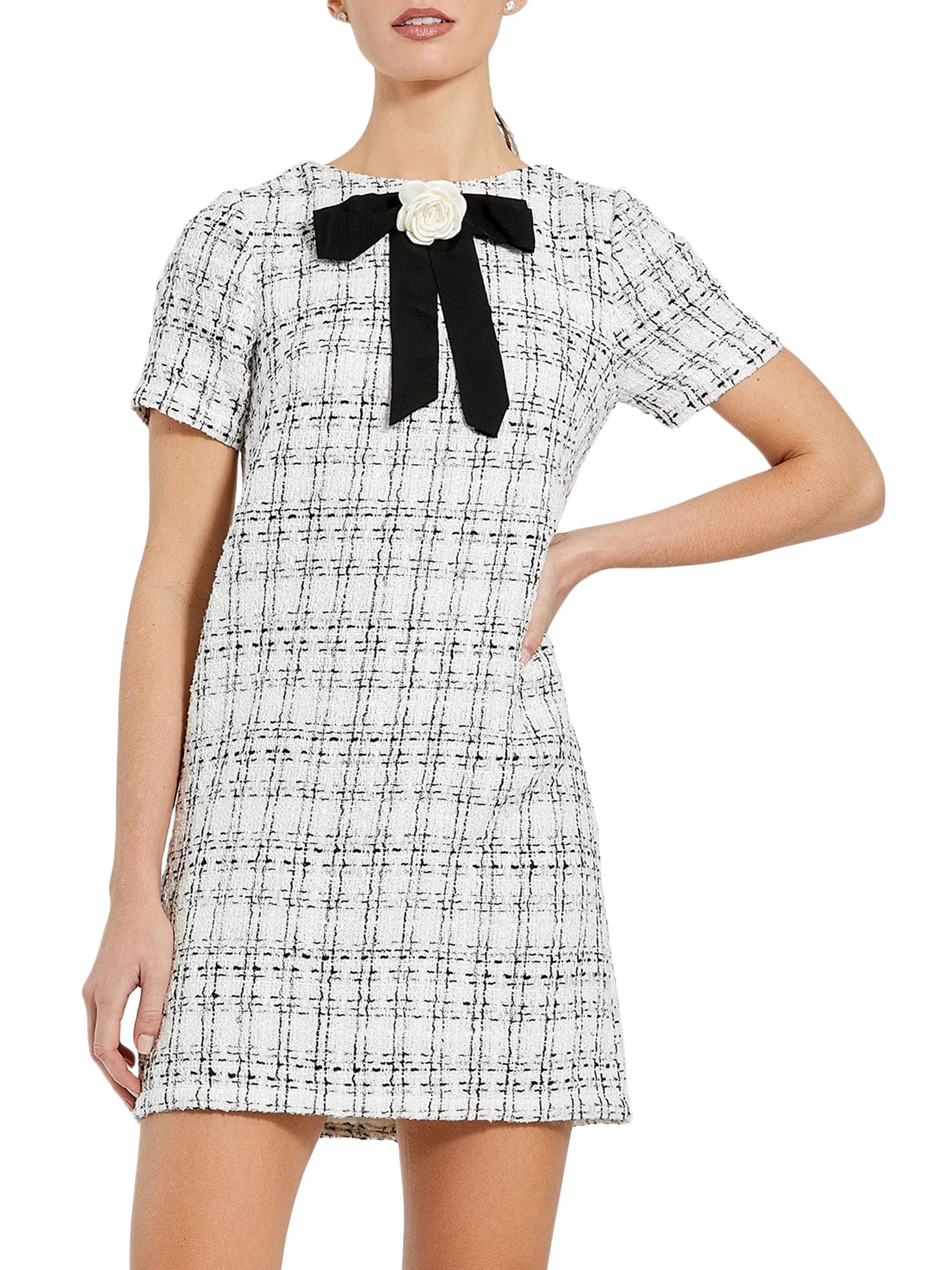 Mac Duggal Women's Short Sleeve High Neck Bouclé Minidress With Bow -