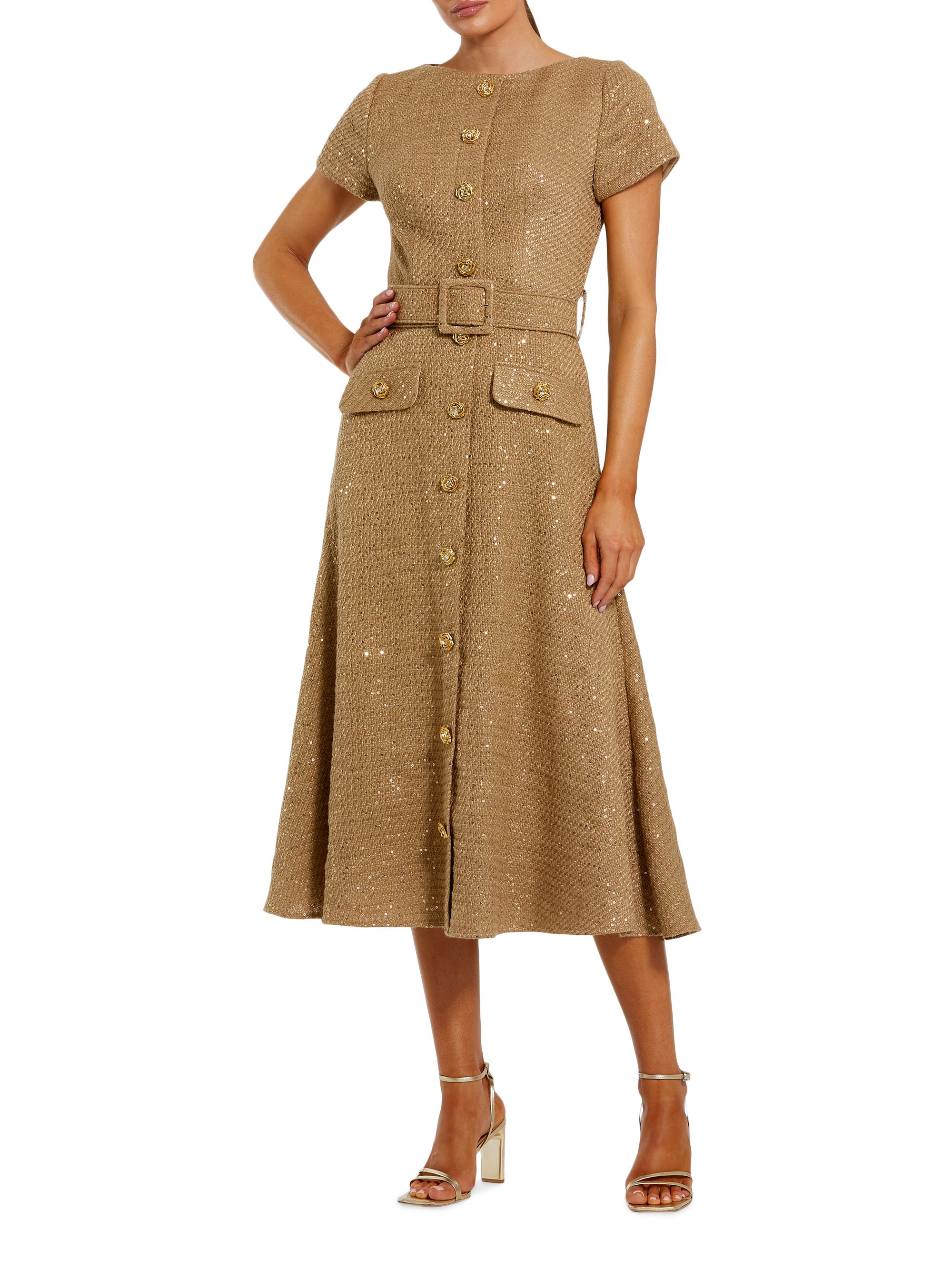 Mac Duggal Women's Short Sleeve Bouclé Button-Front Midi-Dress - Toffee
