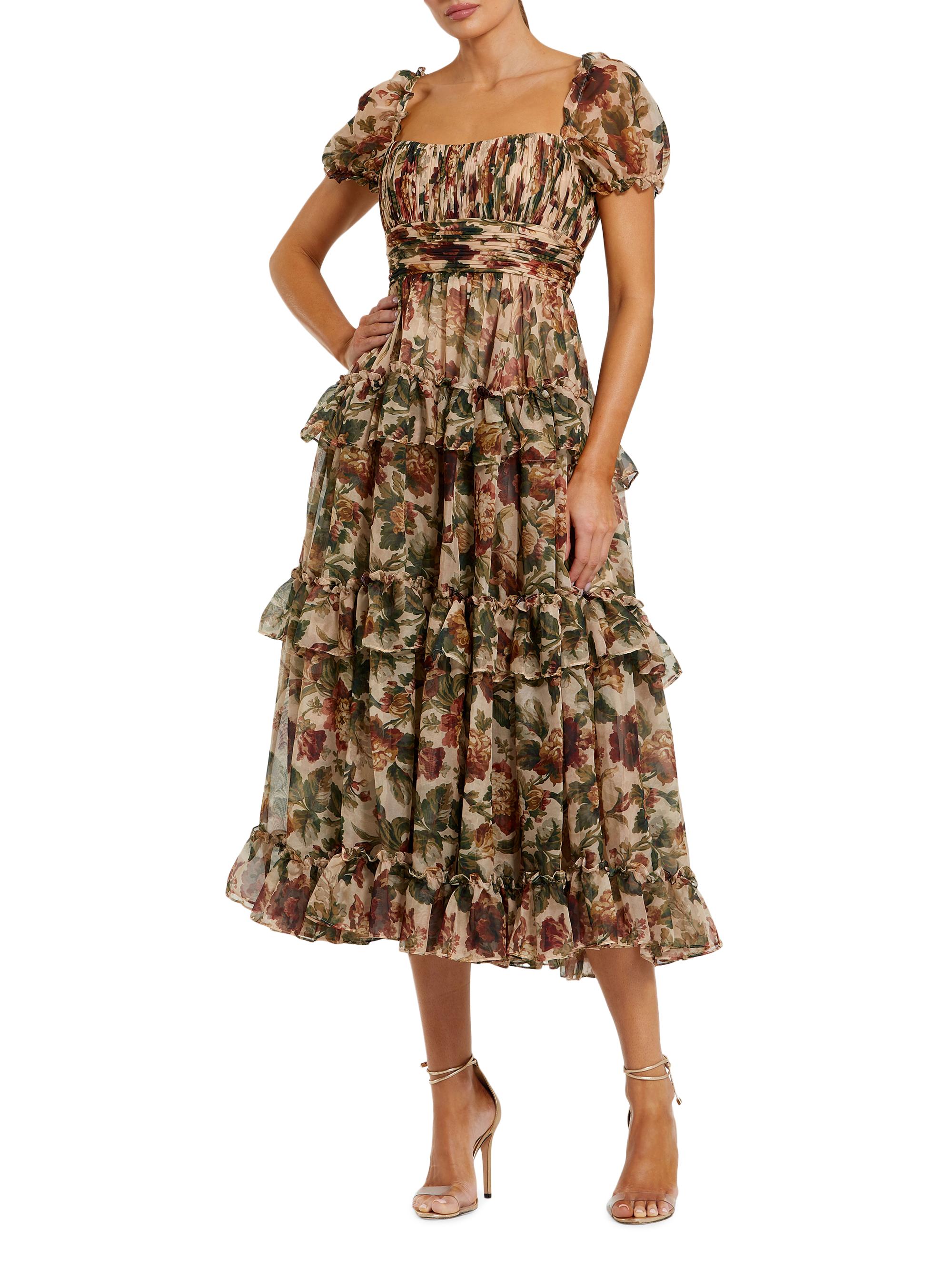 Mac Duggal Women's Floral Ruffled Chiffon Midi-Dress - Cream Multi