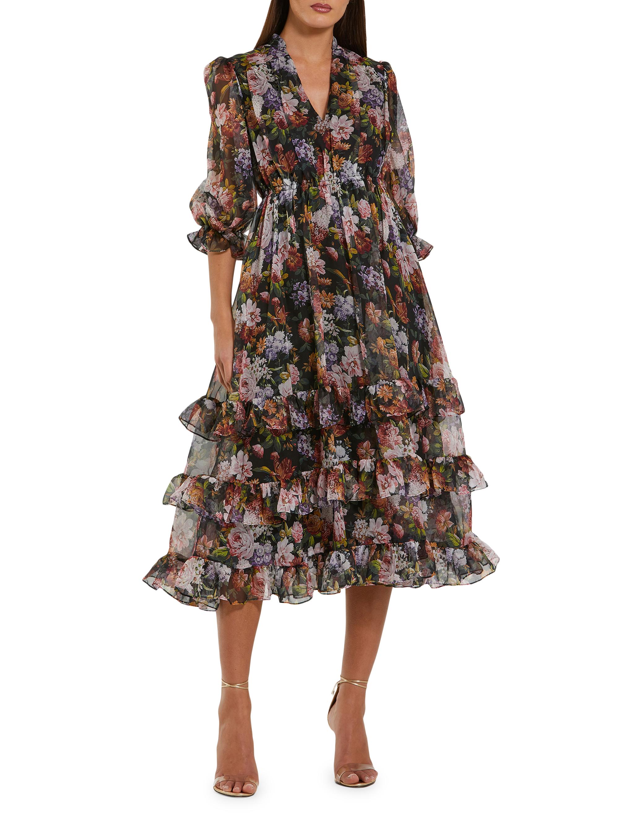 Mac Duggal Women's Ruffled Chiffon A-Line Midi-Dress - Black Multi