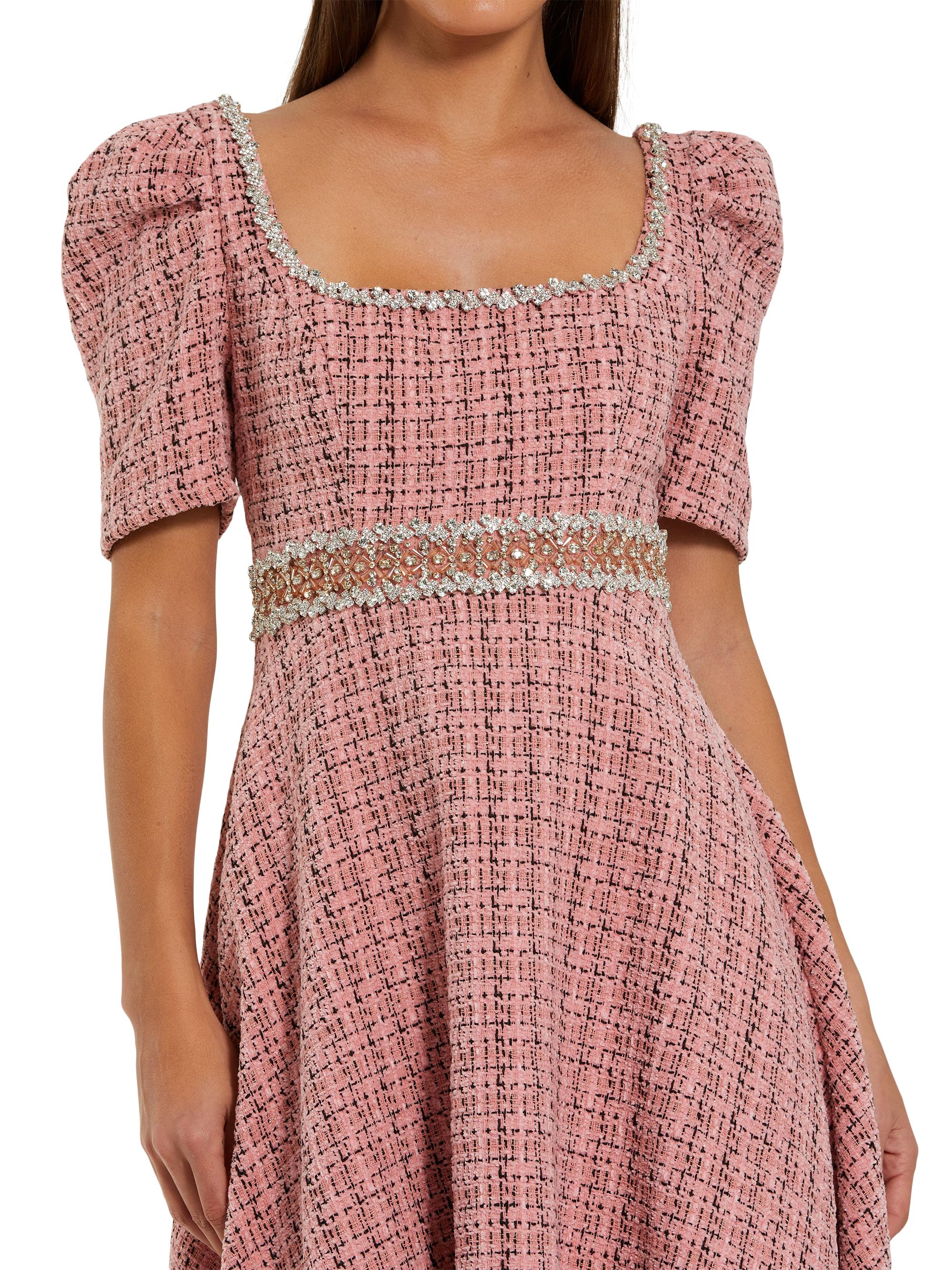 Ieena for Mac Duggal - Pink Puff Sleeve Boucle Midi Dress With Beaded Belt - Pink Multi / US 14