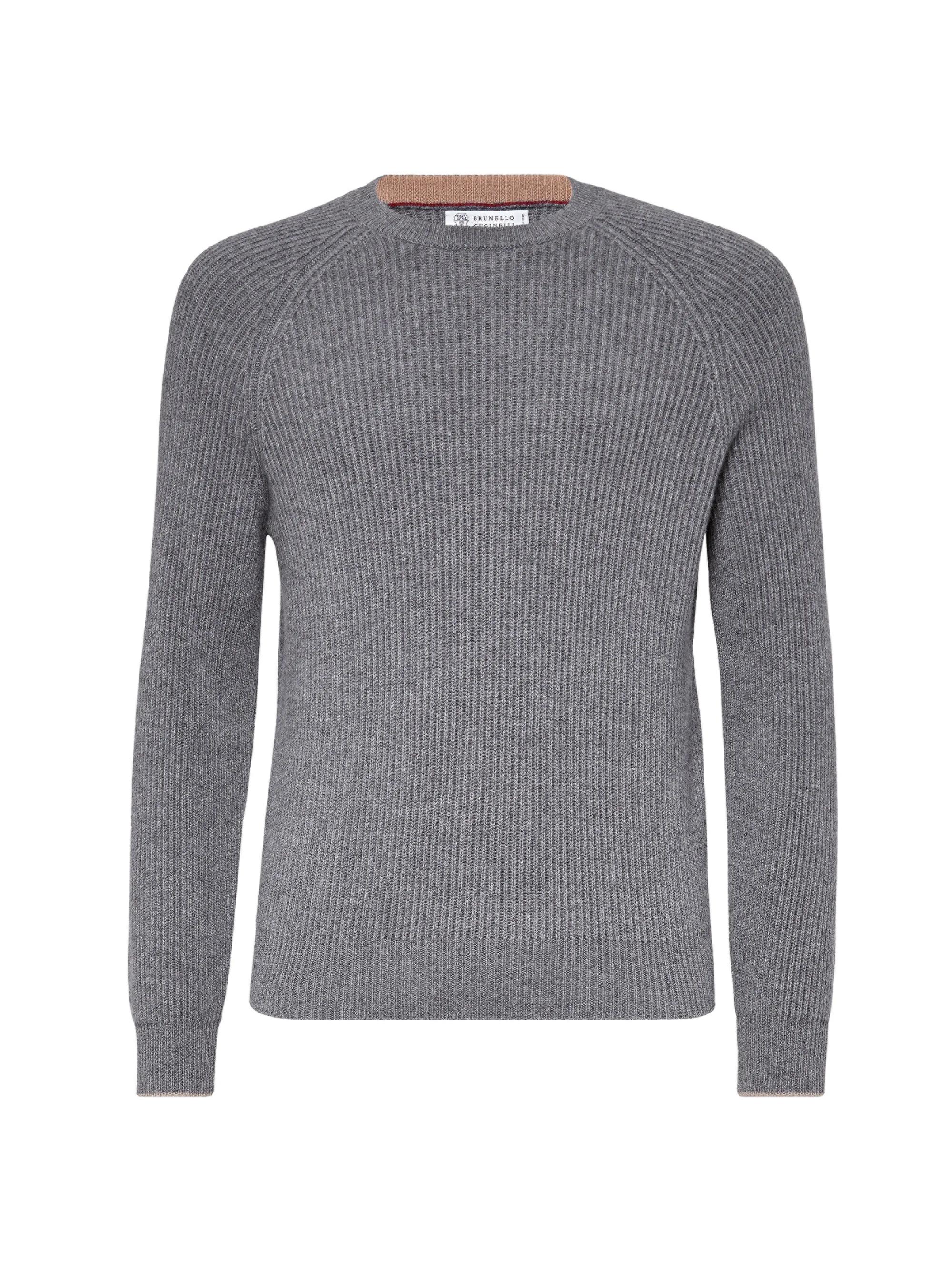 Brunello Cucinelli Men's Cashmere English Rib Sweater with Raglan Sleeves - Dark Grey