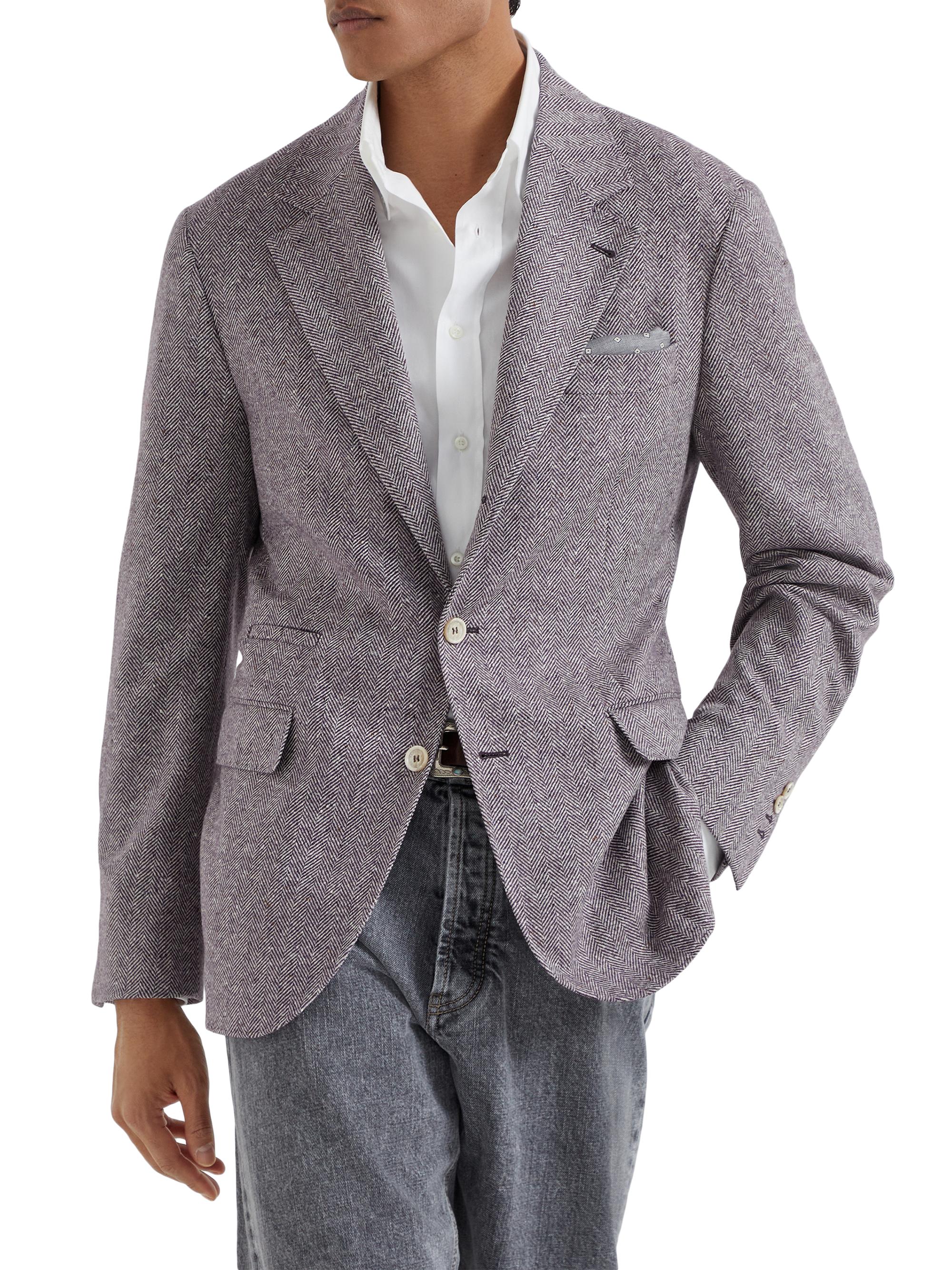 Brunello Cucinelli Men's Wool and Cashmere Flecked Chevron Deconstructed Blazer - Burgundy