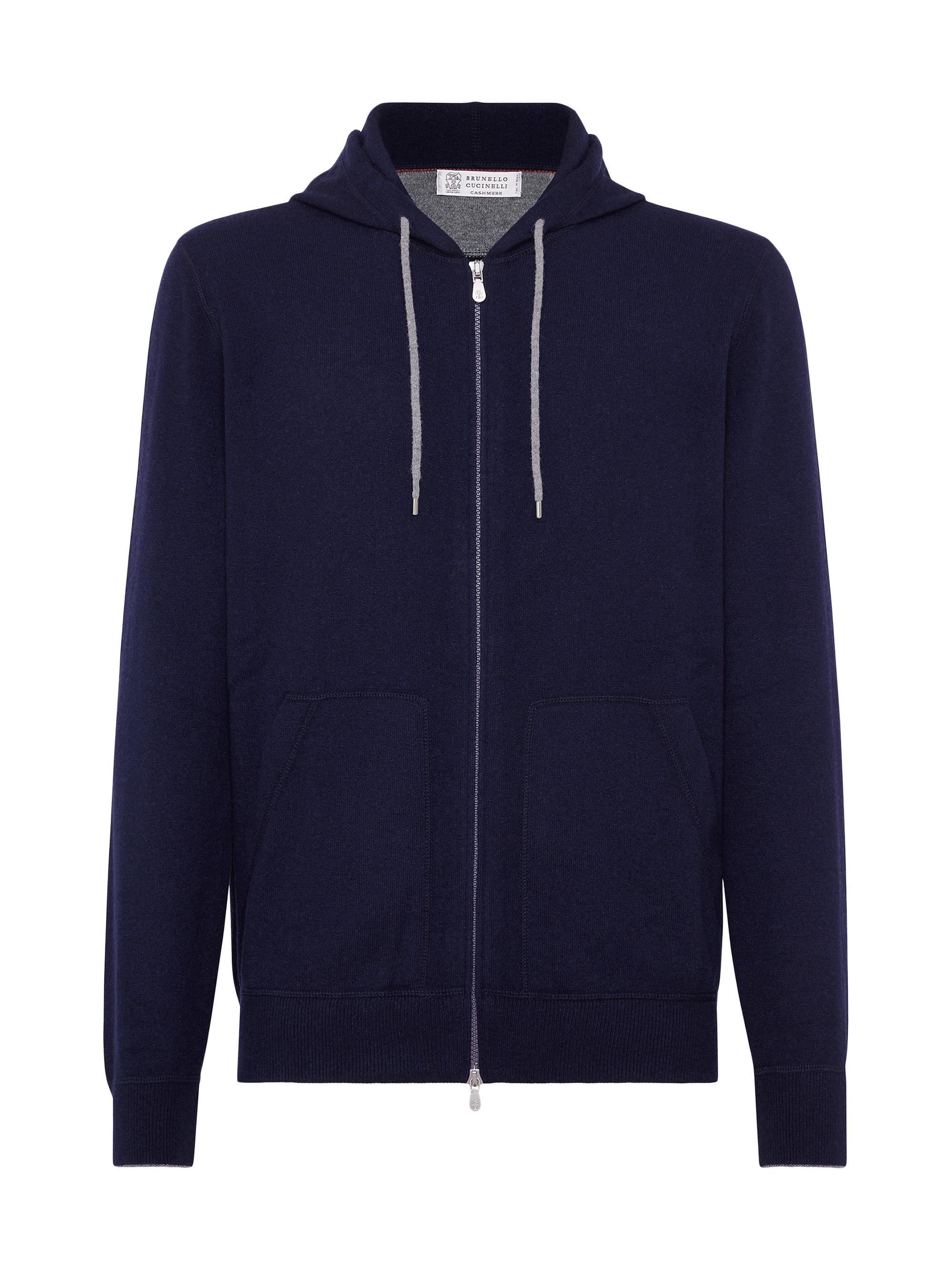 Brunello Cucinelli Men's Cashmere Sweatshirt Style Cardigan with Hood - Navy Blue