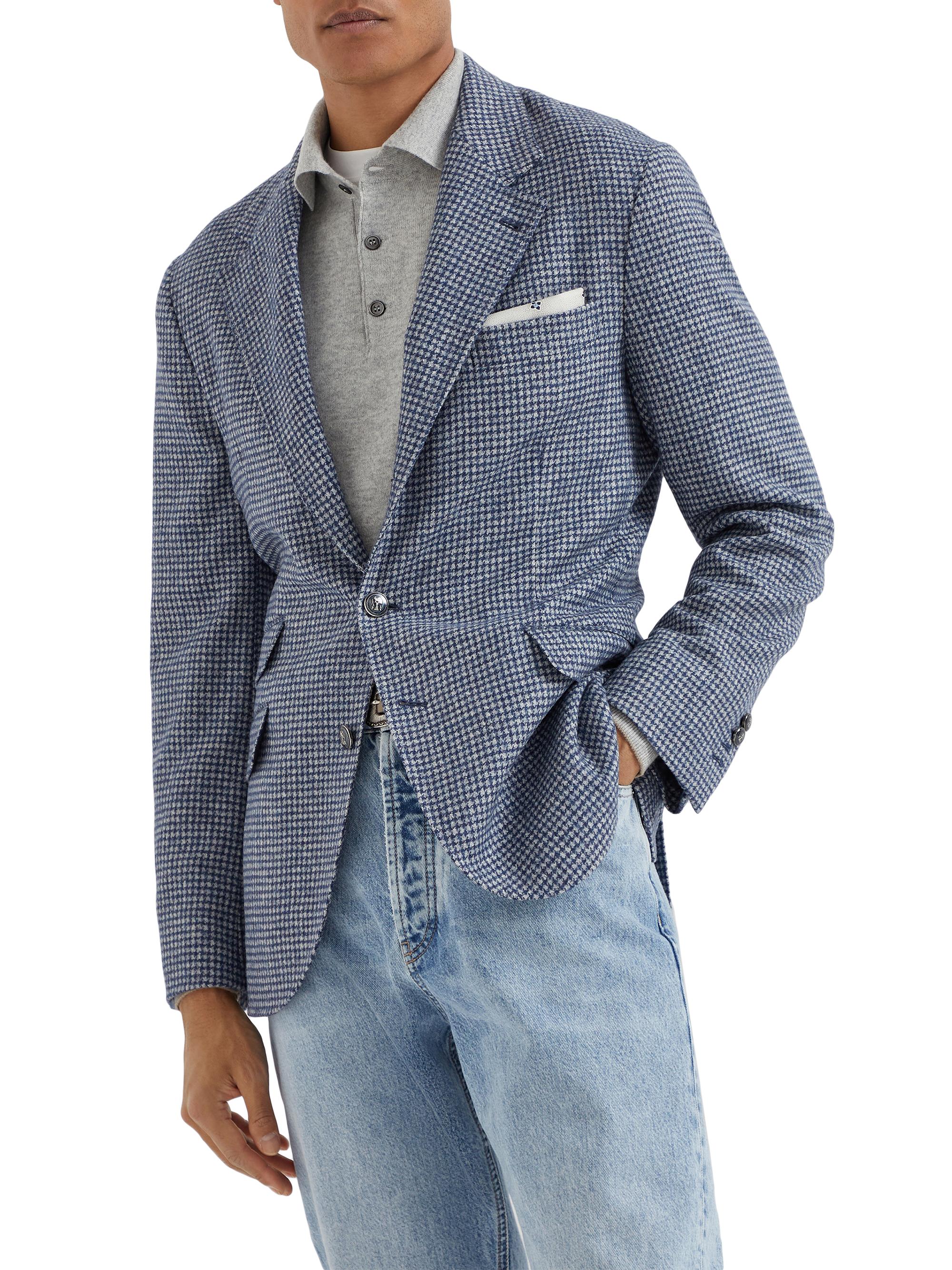 Brunello Cucinelli Men's Wool and Alpaca Houndstooth Deconstructed Cavallo Blazer - Denim