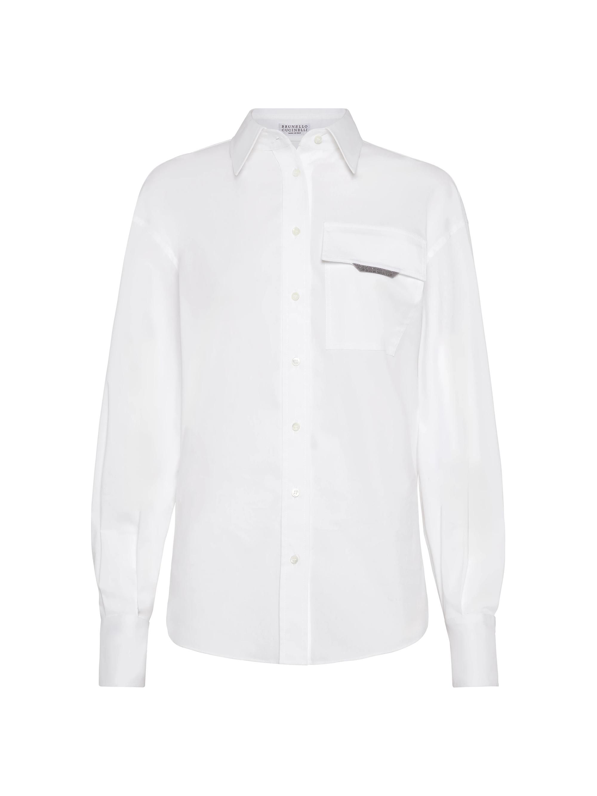 Brunello Cucinelli Women's Stretch Cotton Poplin Shirt with Shiny Flap Detail - White