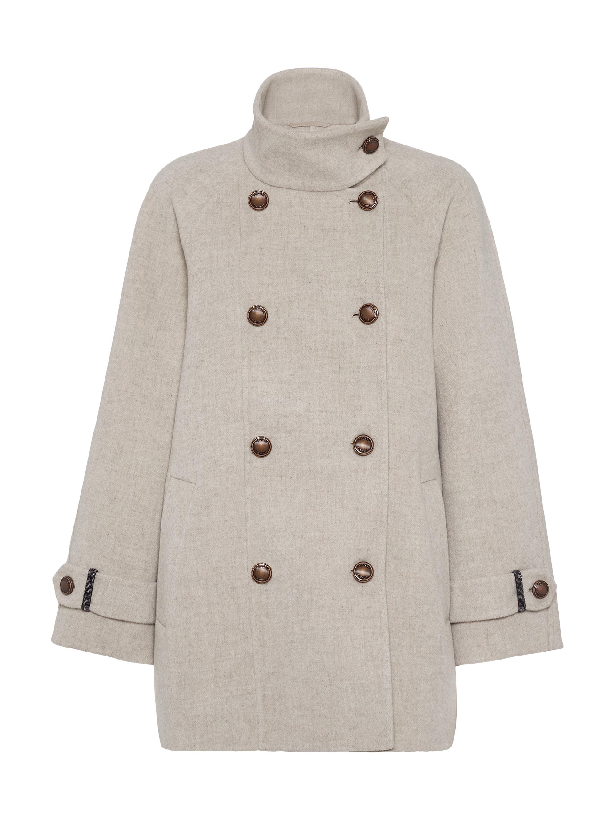 Brunello Cucinelli Women's Hand Crafted Pea Coat in Virgin Wool and Cashmere Double Cloth with Shiny Cuff Details - Cool Beige