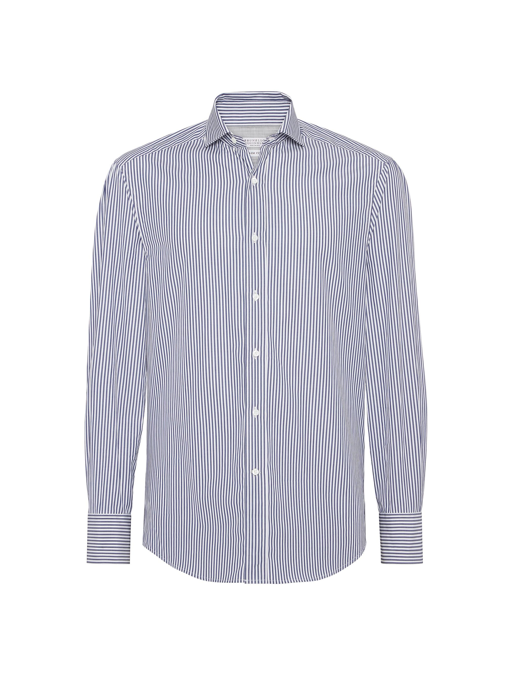 Brunello Cucinelli Men's Striped Poplin Slim Fit Shirt with Spread Collar - Navy Blue