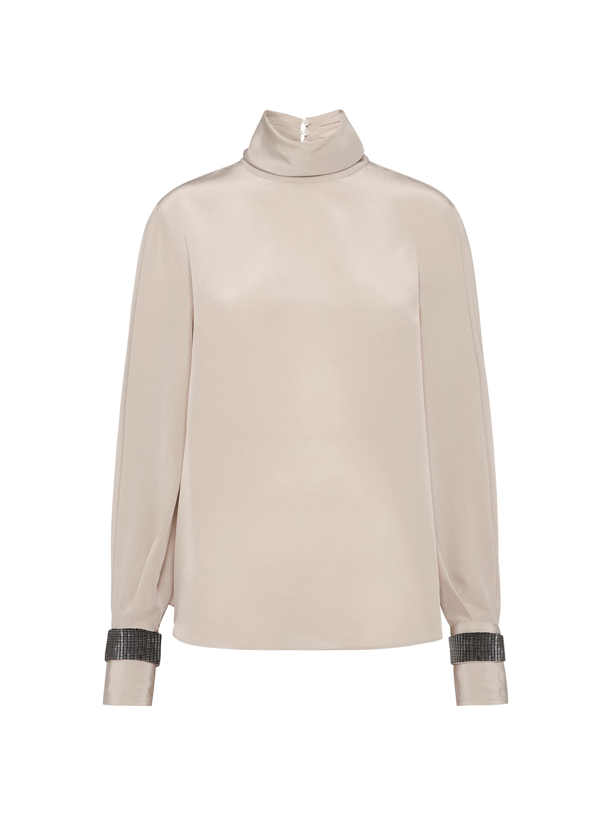 Brunello Cucinelli Women's Silk Crêpe De Chine Turtleneck T-Shirt with Precious Bracelets - Cool Beige