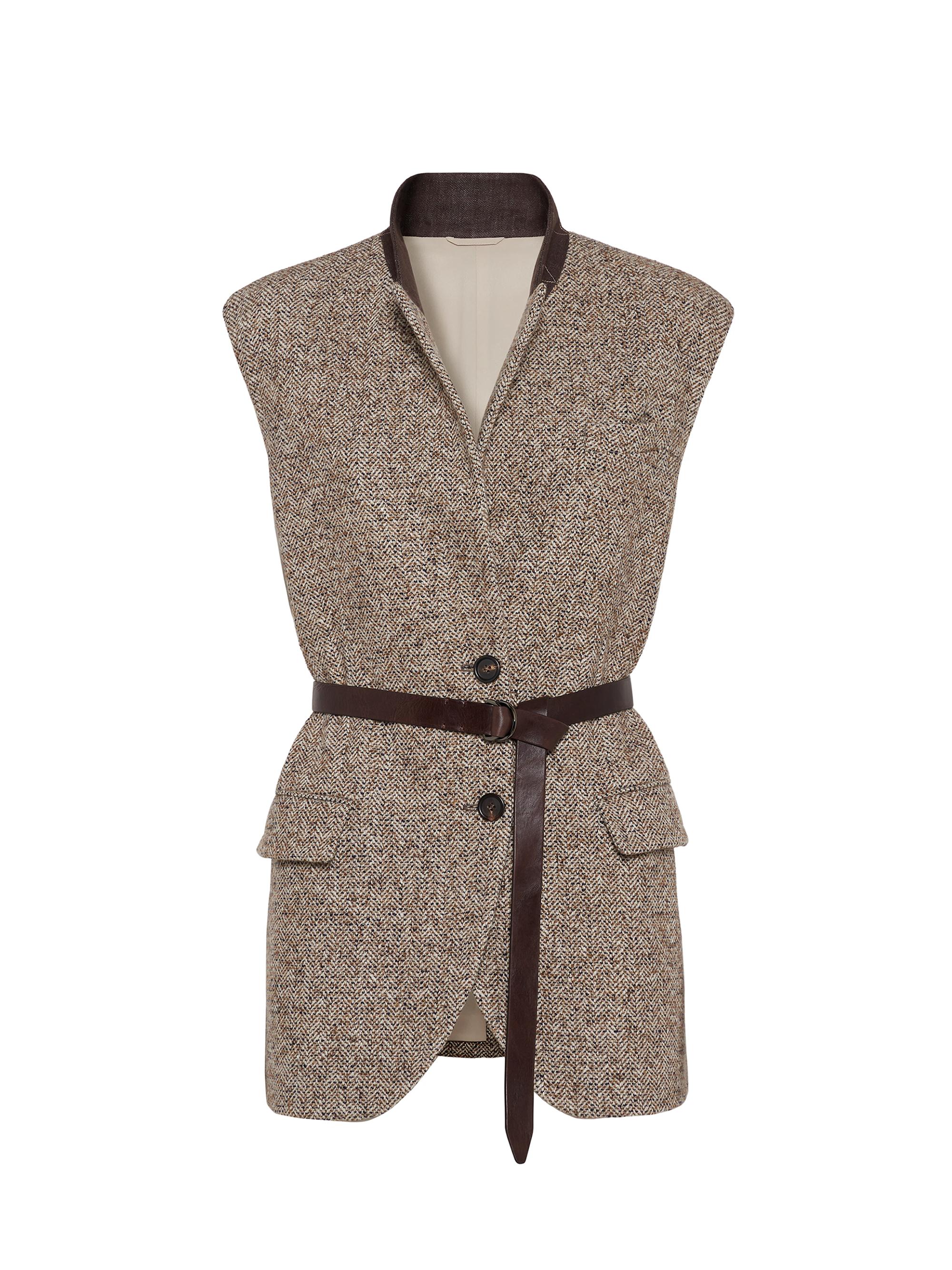 Brunello Cucinelli Women's Flecked Virgin Wool and Silk Chevron Vest with Leather Belt and Monili - Rope