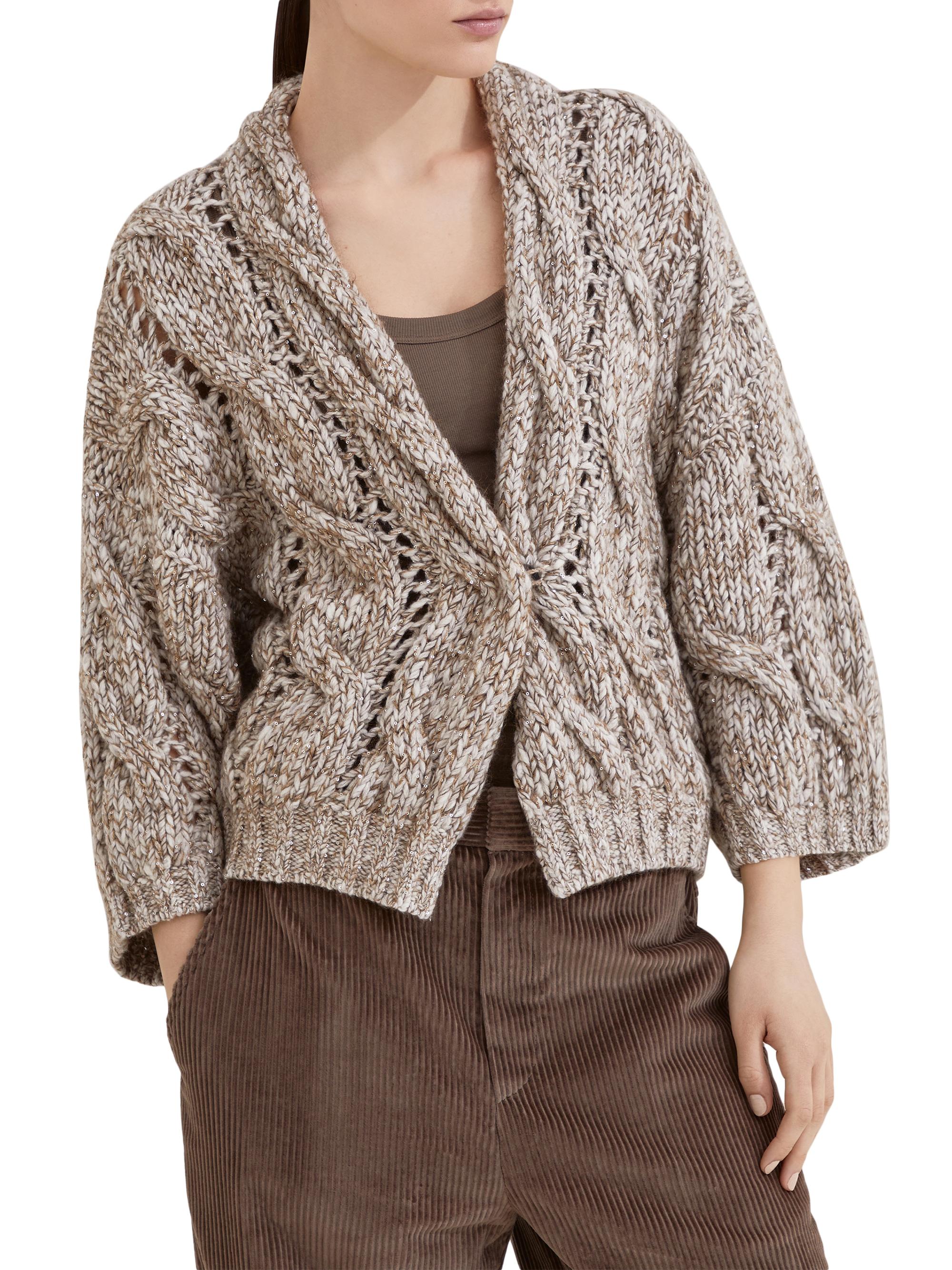 Brunello Cucinelli Dazzling Chiné Cable Knit Cardigan in Soft Wool