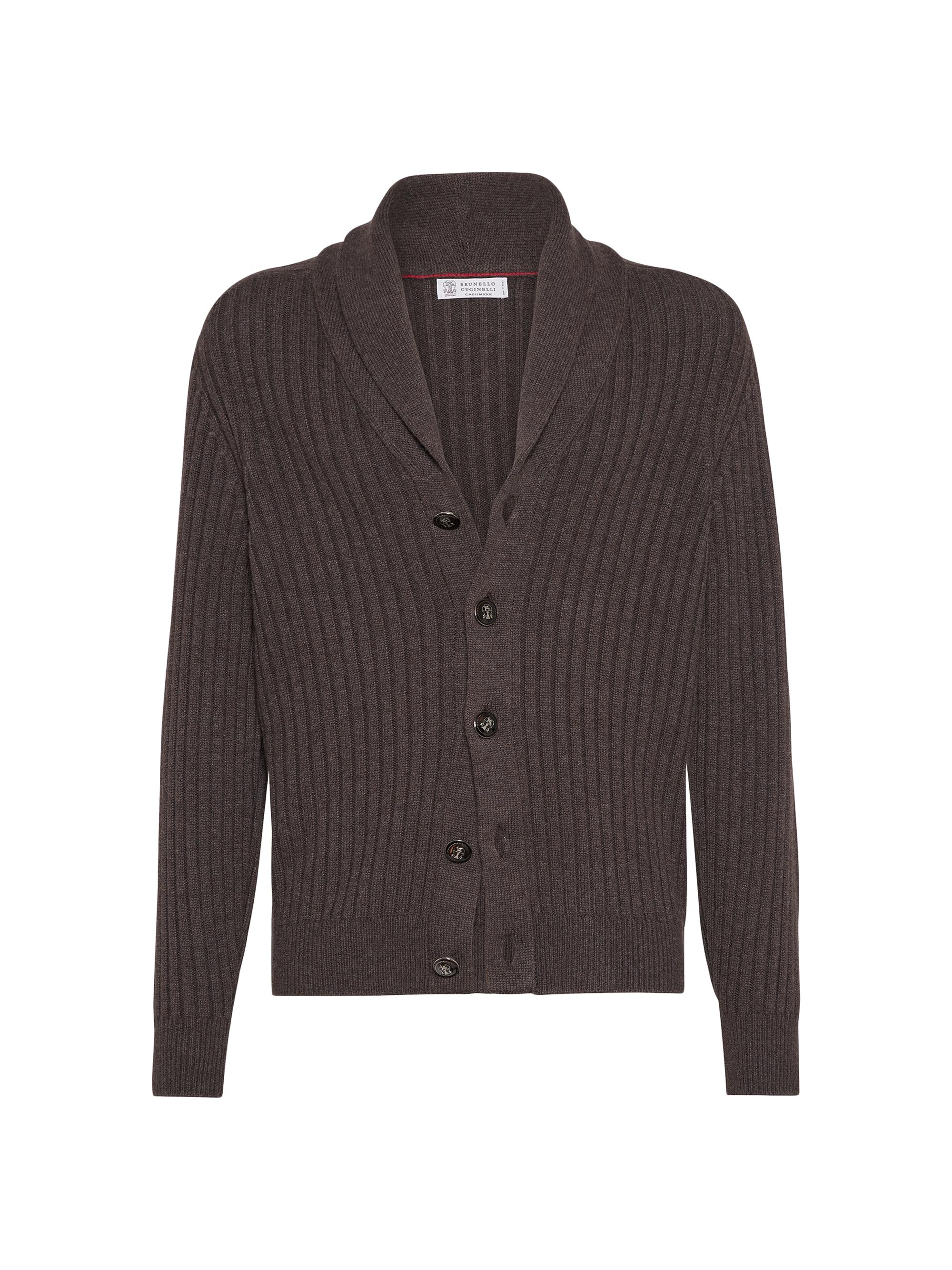 Brunello Cucinelli Men's Cashmere Flat Rib Cardigan with Metal Buttons - Brown