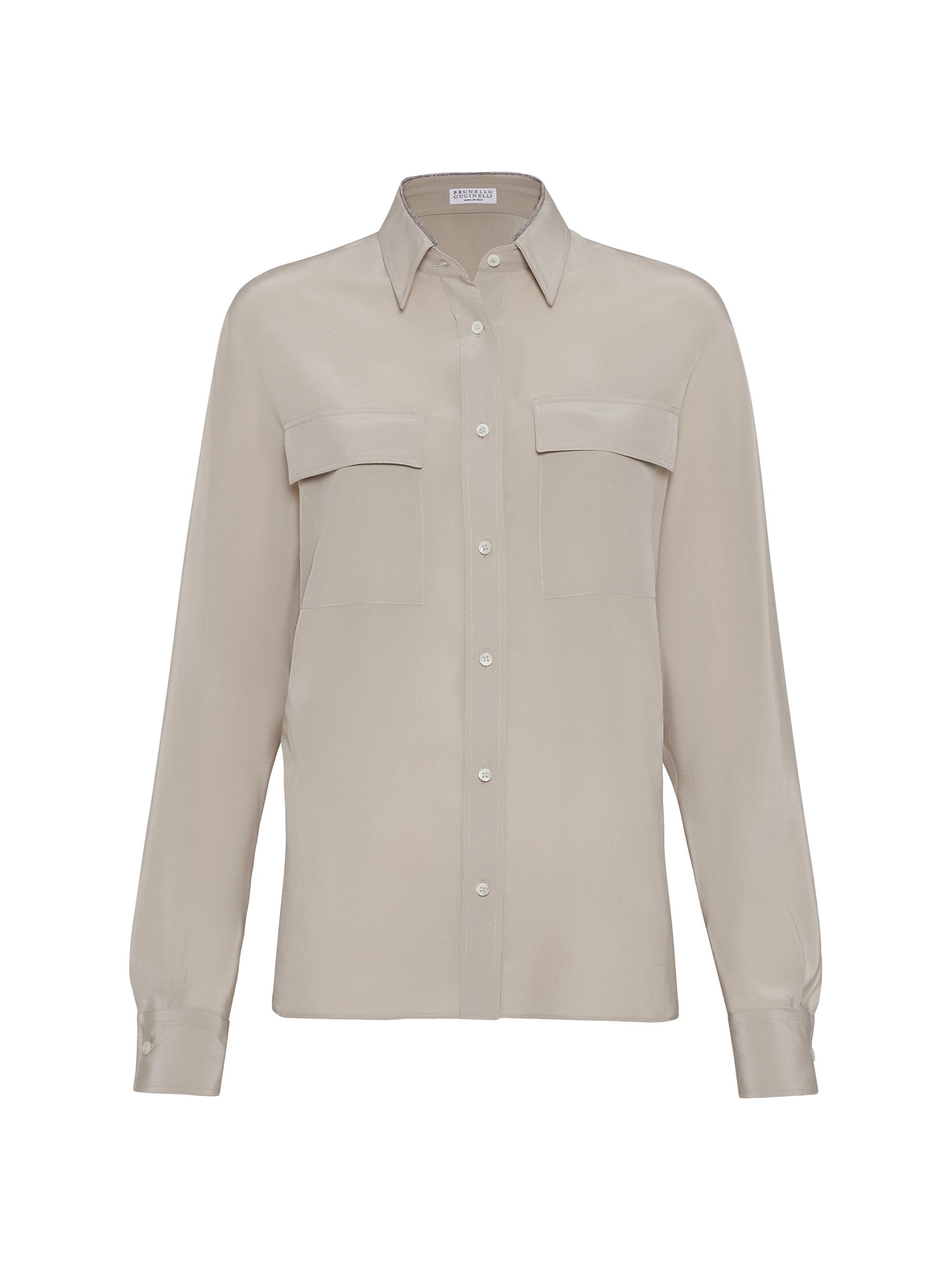 Brunello Cucinelli Women's Silk Crêpe De Chine Shirt with Shiny Collar Detail - Cool Beige